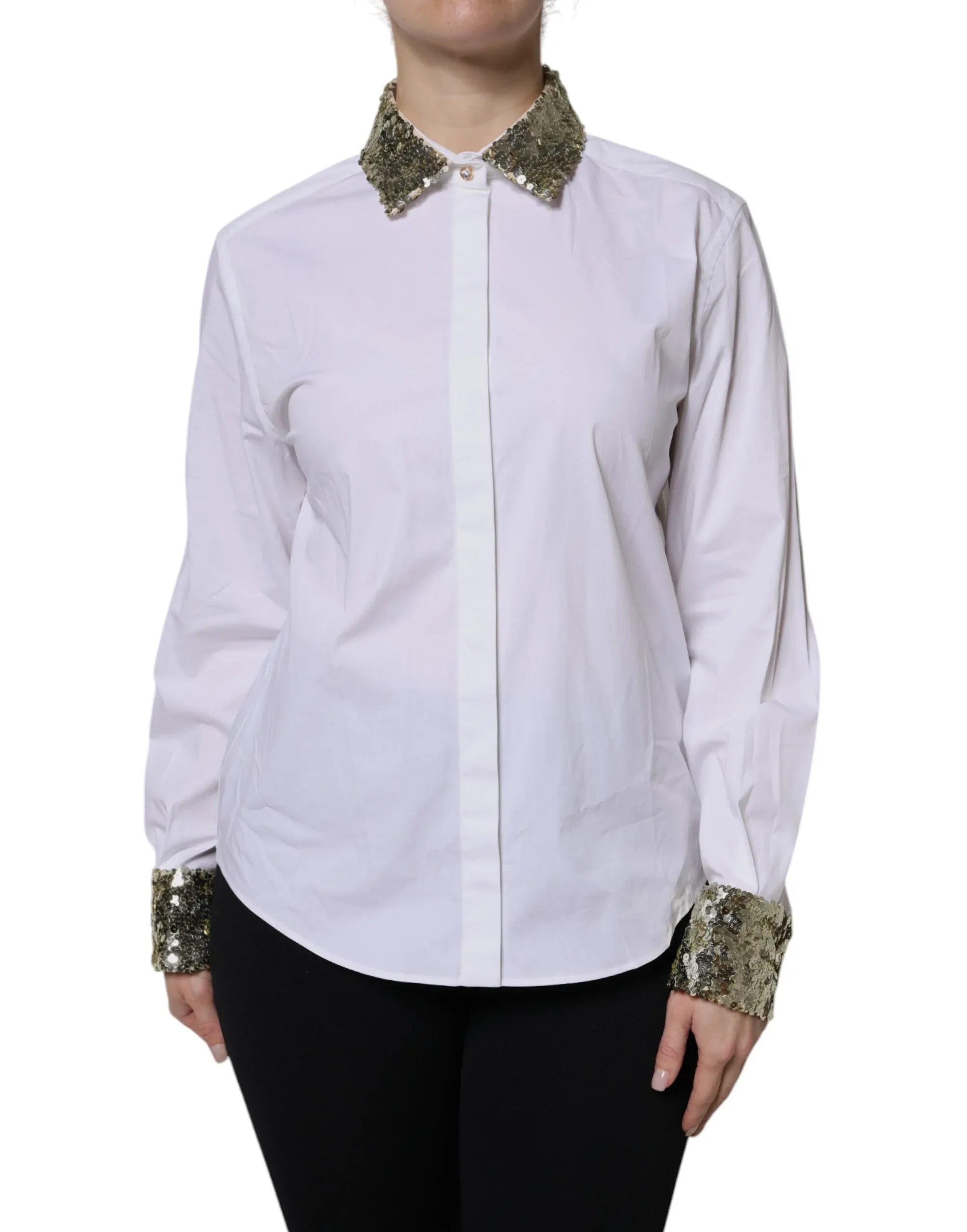 Dolce & Gabbana White Cotton Long Sleeves Sequin Shirt Top - Zeiniez