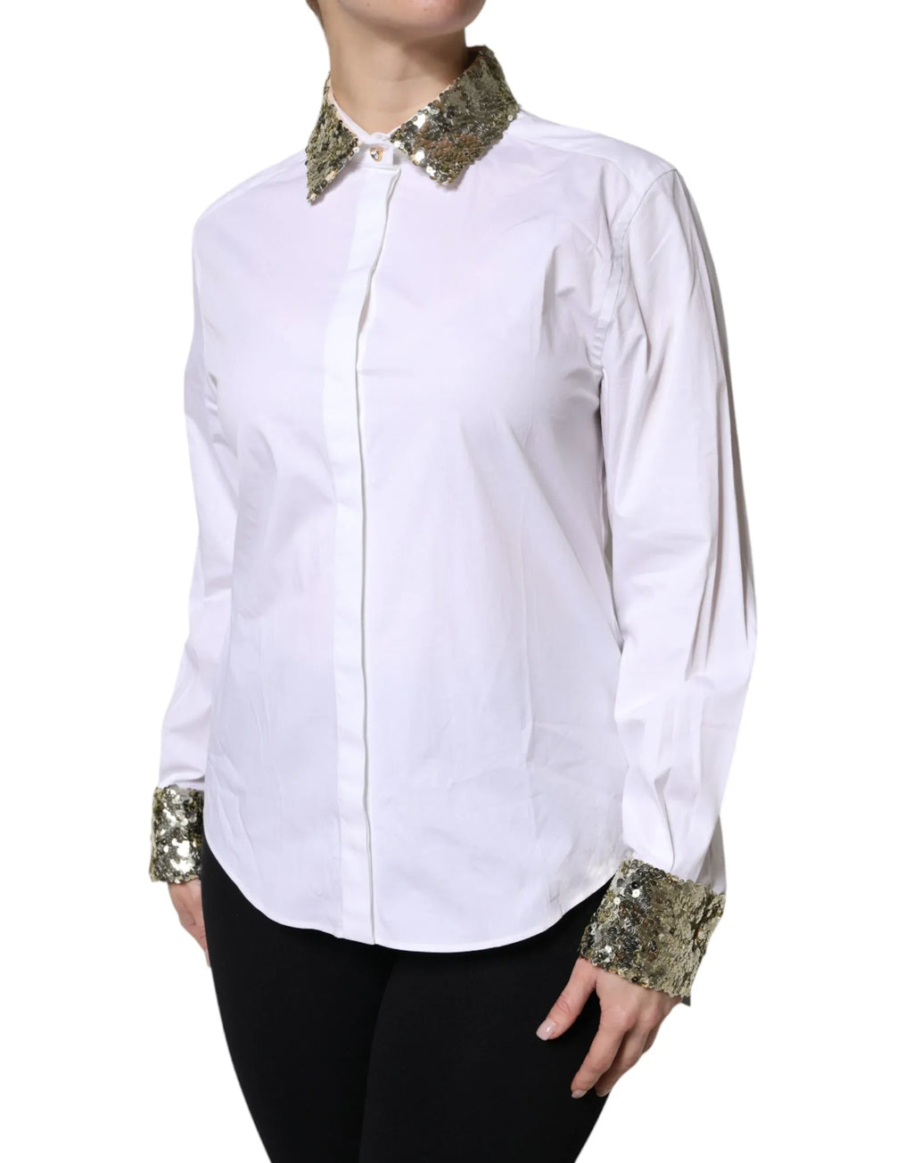 Dolce & Gabbana White Cotton Long Sleeves Sequin Shirt Top - Zeiniez