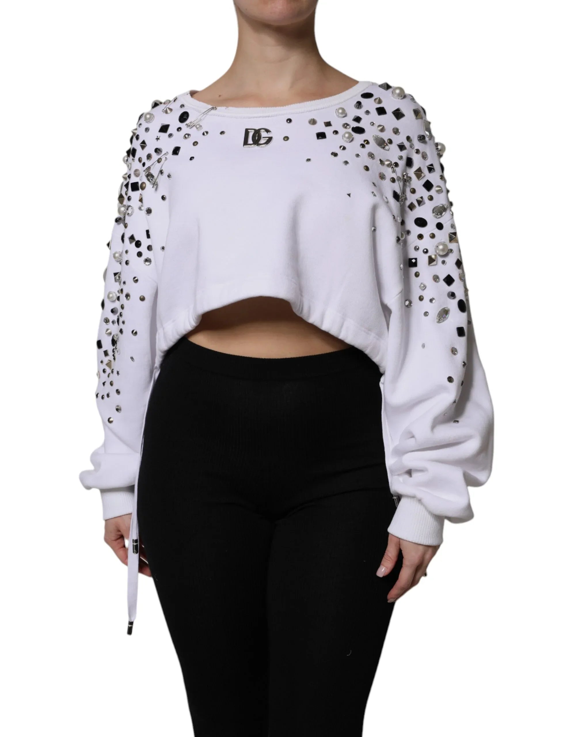 Dolce & Gabbana White Embellished Long Sleeve Cropped Sweater - Zeiniez
