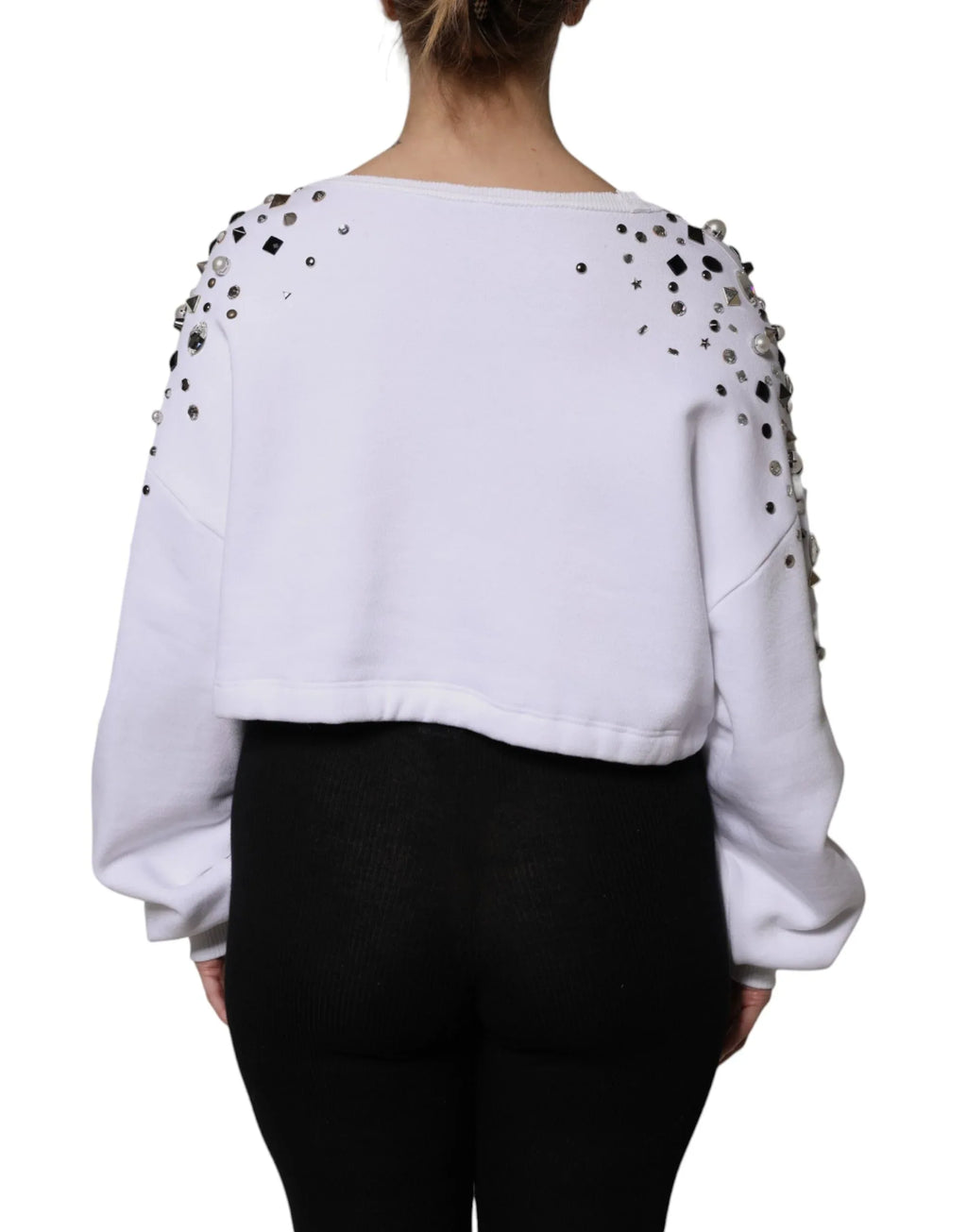 Dolce & Gabbana White Embellished Long Sleeve Cropped Sweater - Zeiniez