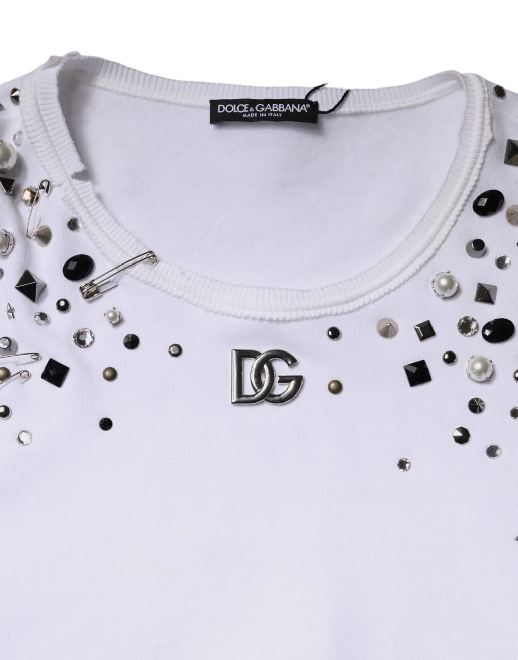 Dolce & Gabbana White Embellished Long Sleeve Cropped Sweater - Zeiniez