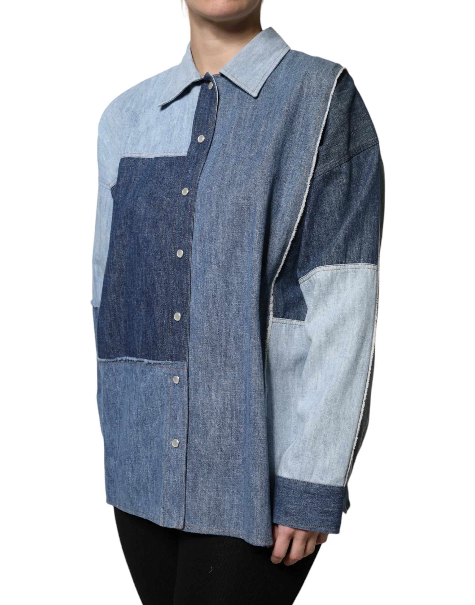 Dolce & Gabbana Blue Cotton Button Up Collared Long Sleeve Top - Zeiniez