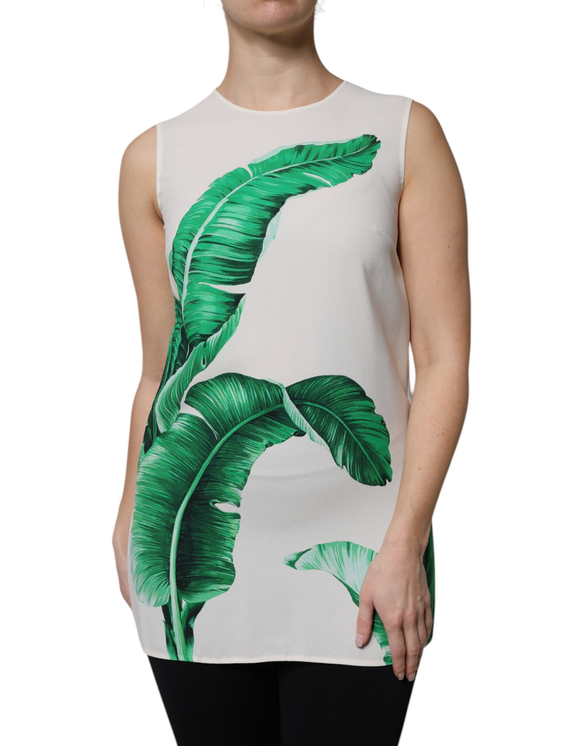 Dolce & Gabbana White Banana Leaf Print Round Neck Tank Top