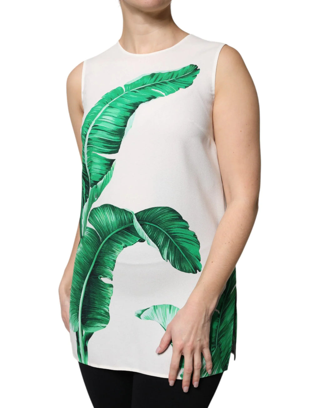 Dolce & Gabbana White Banana Leaf Print Round Neck Tank Top - Zeiniez