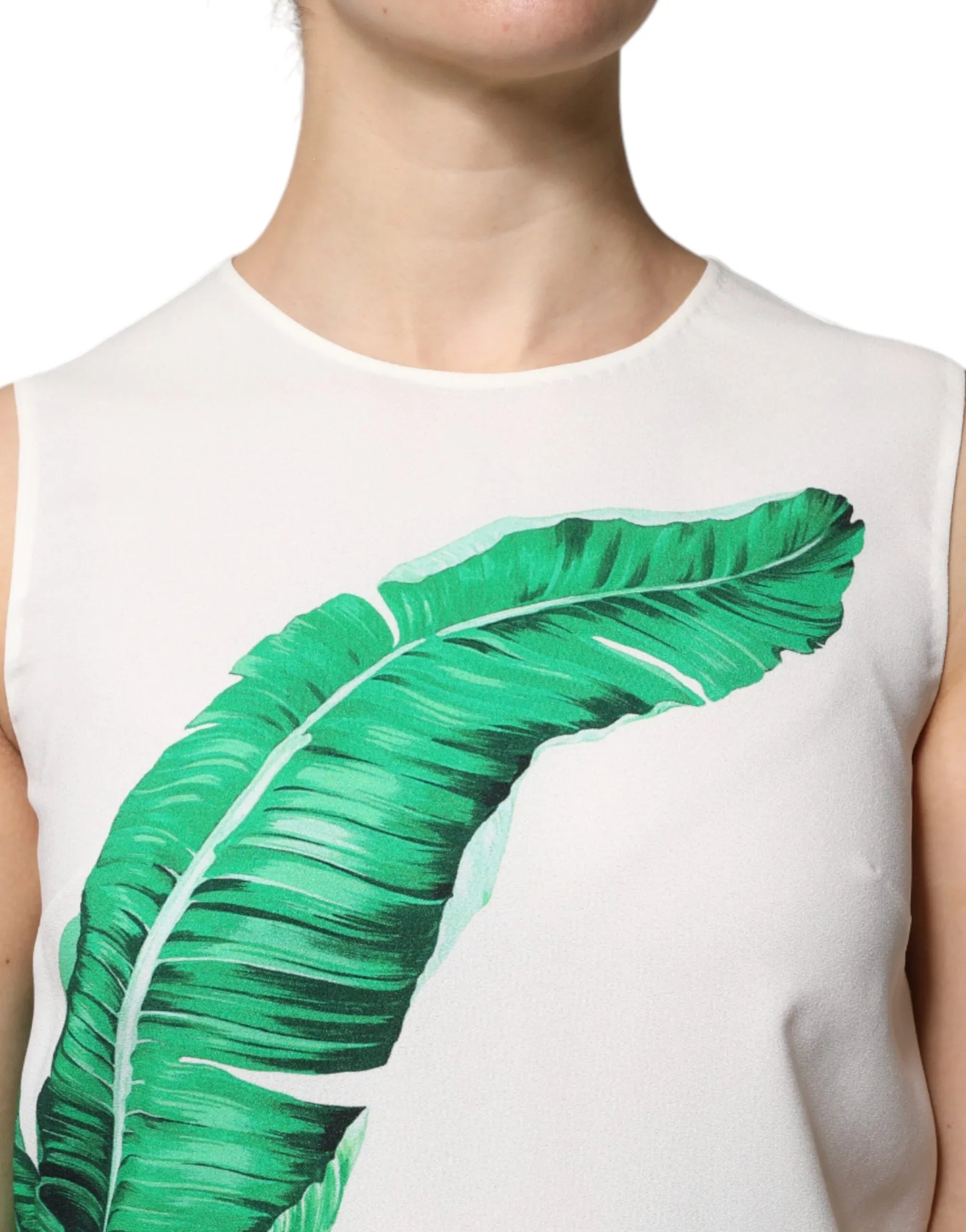 Dolce & Gabbana White Banana Leaf Print Round Neck Tank Top - Zeiniez