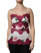 Dolce & Gabbana White Rose Print Satin Lace Tank Top Lingerie - Zeiniez