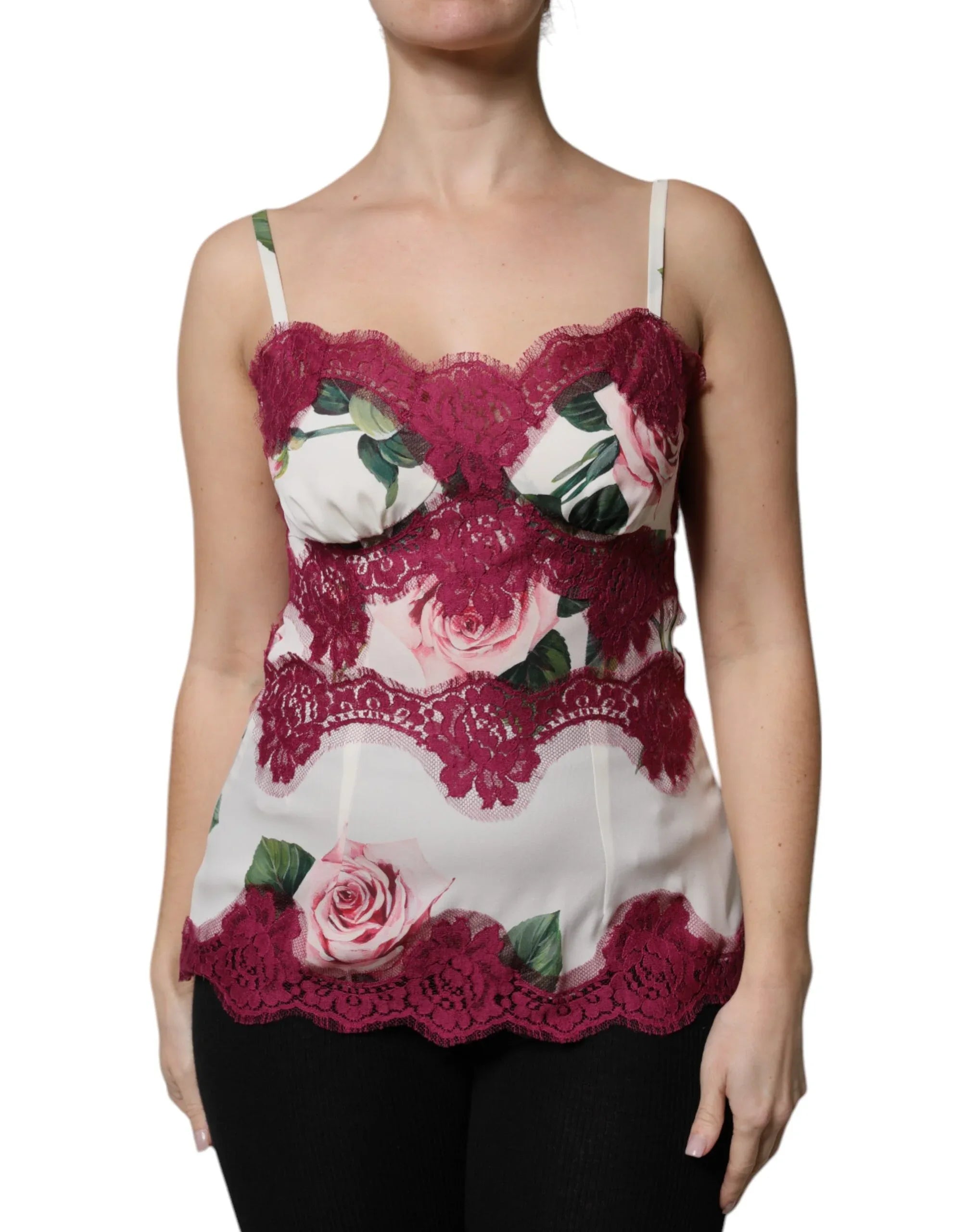 Dolce & Gabbana White Rose Print Satin Lace Tank Top Lingerie - Zeiniez
