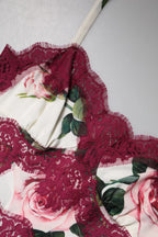 Dolce & Gabbana White Rose Print Satin Lace Tank Top Lingerie - Zeiniez