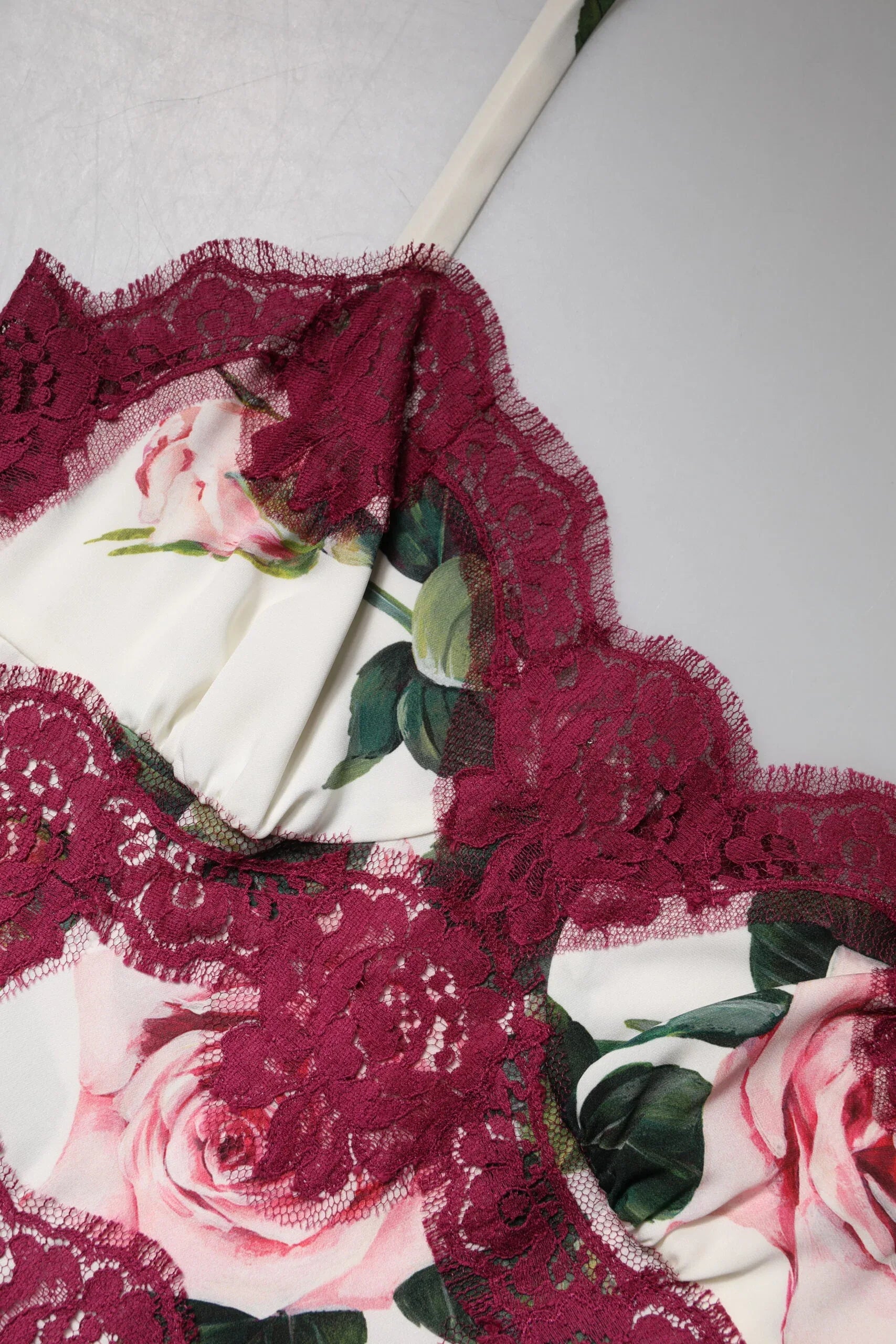 Dolce & Gabbana White Rose Print Satin Lace Tank Top Lingerie - Zeiniez