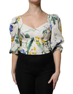 Dolce & Gabbana White Floral Puff Sleeves Crop Blouse Top - Zeiniez