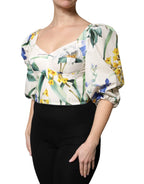 Dolce & Gabbana White Floral Puff Sleeves Crop Blouse Top - Zeiniez