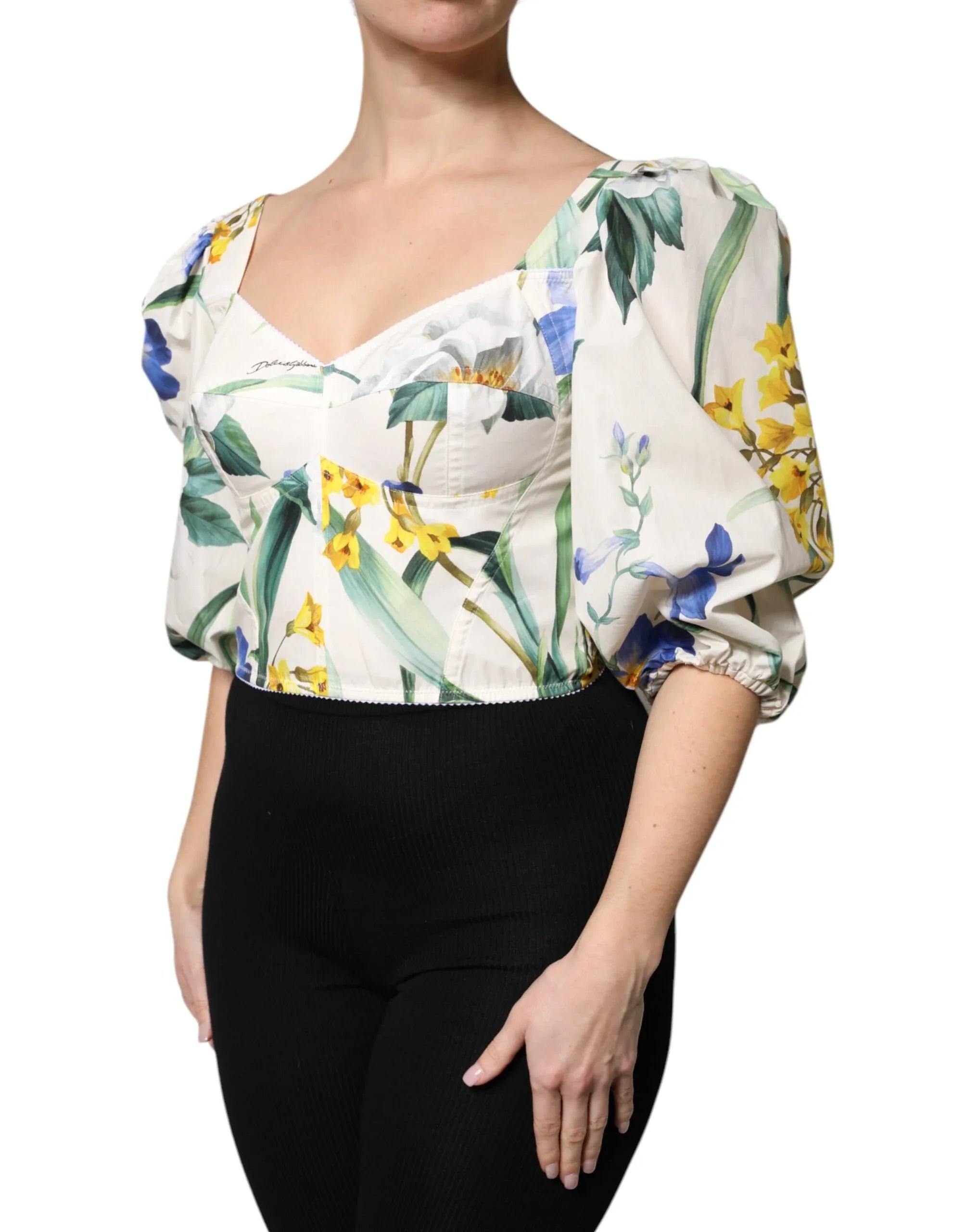 Dolce & Gabbana White Floral Puff Sleeves Crop Blouse Top - Zeiniez