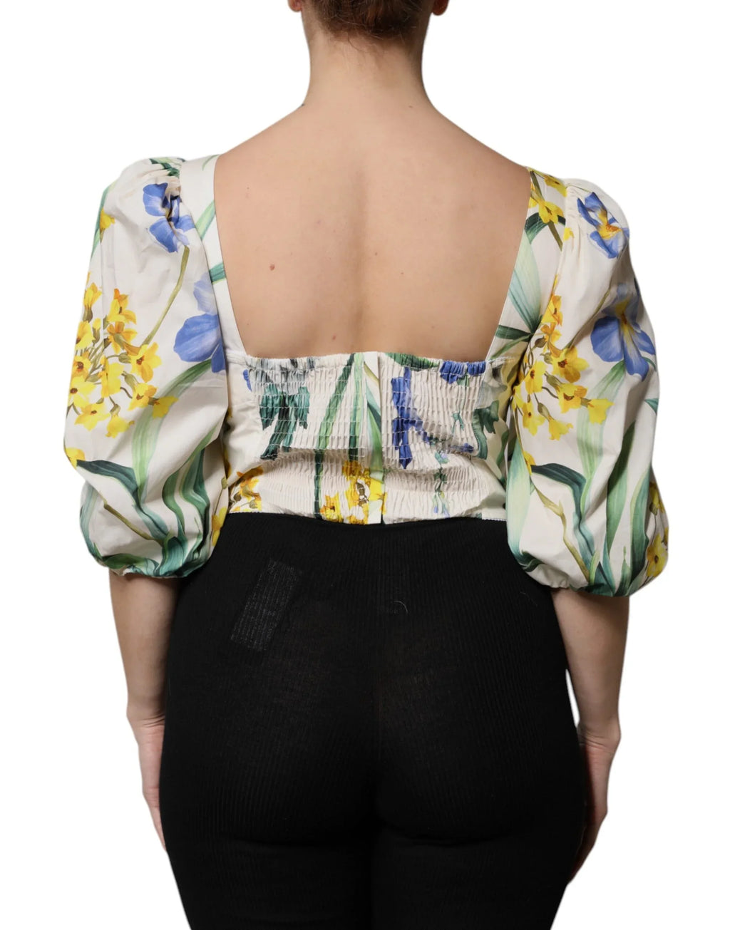 Dolce & Gabbana White Floral Puff Sleeves Crop Blouse Top - Zeiniez