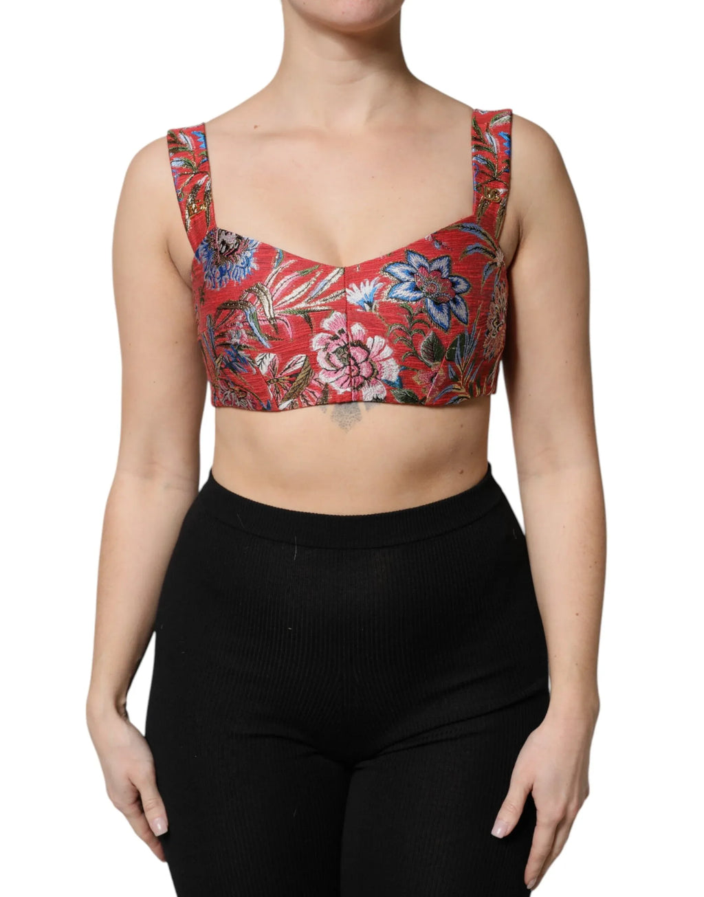 Dolce & Gabbana Red Floral Brocade Cropped Bustier Corset Top - Zeiniez