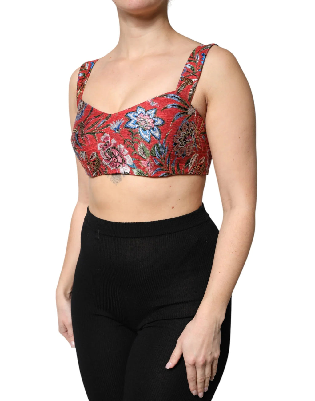 Dolce & Gabbana Red Floral Brocade Cropped Bustier Corset Top - Zeiniez
