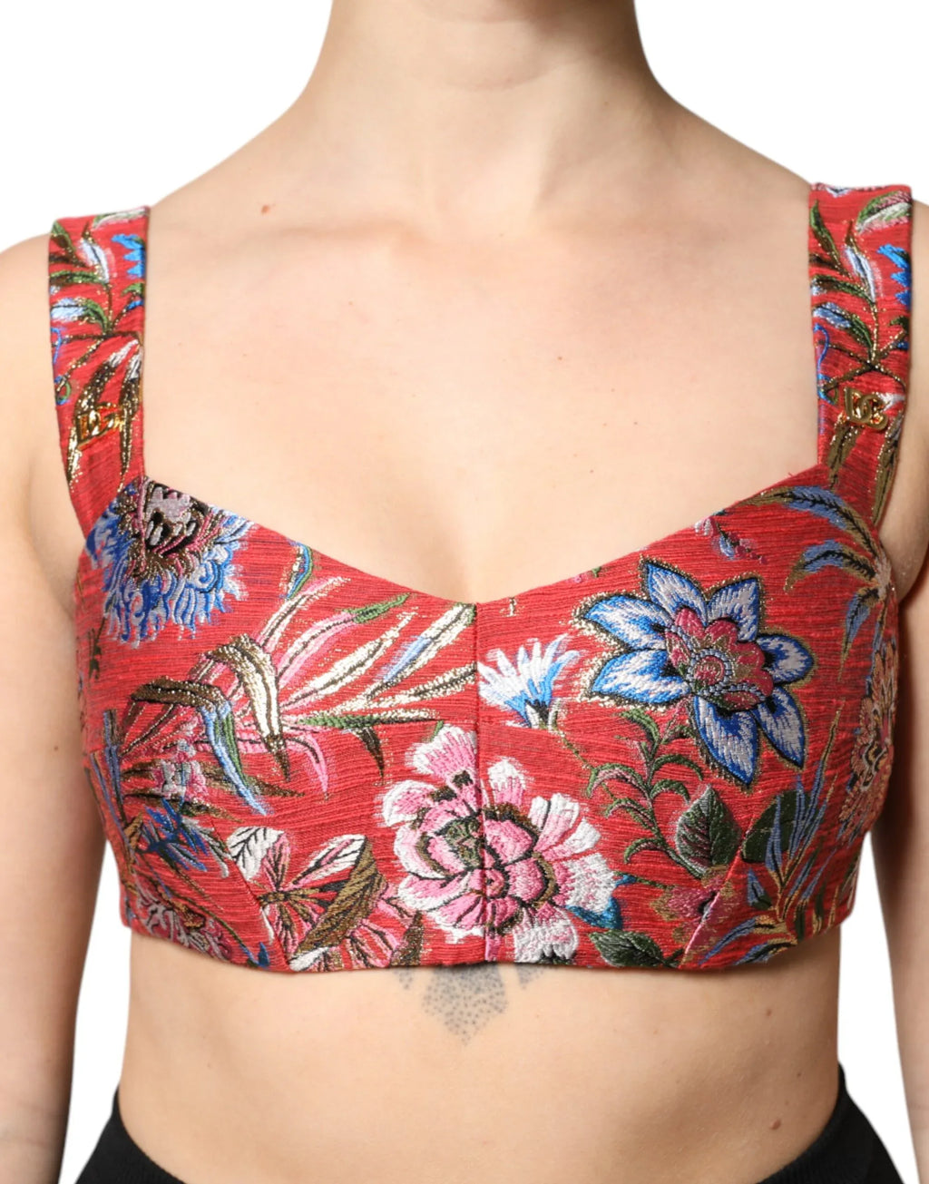 Dolce & Gabbana Red Floral Brocade Cropped Bustier Corset Top - Zeiniez