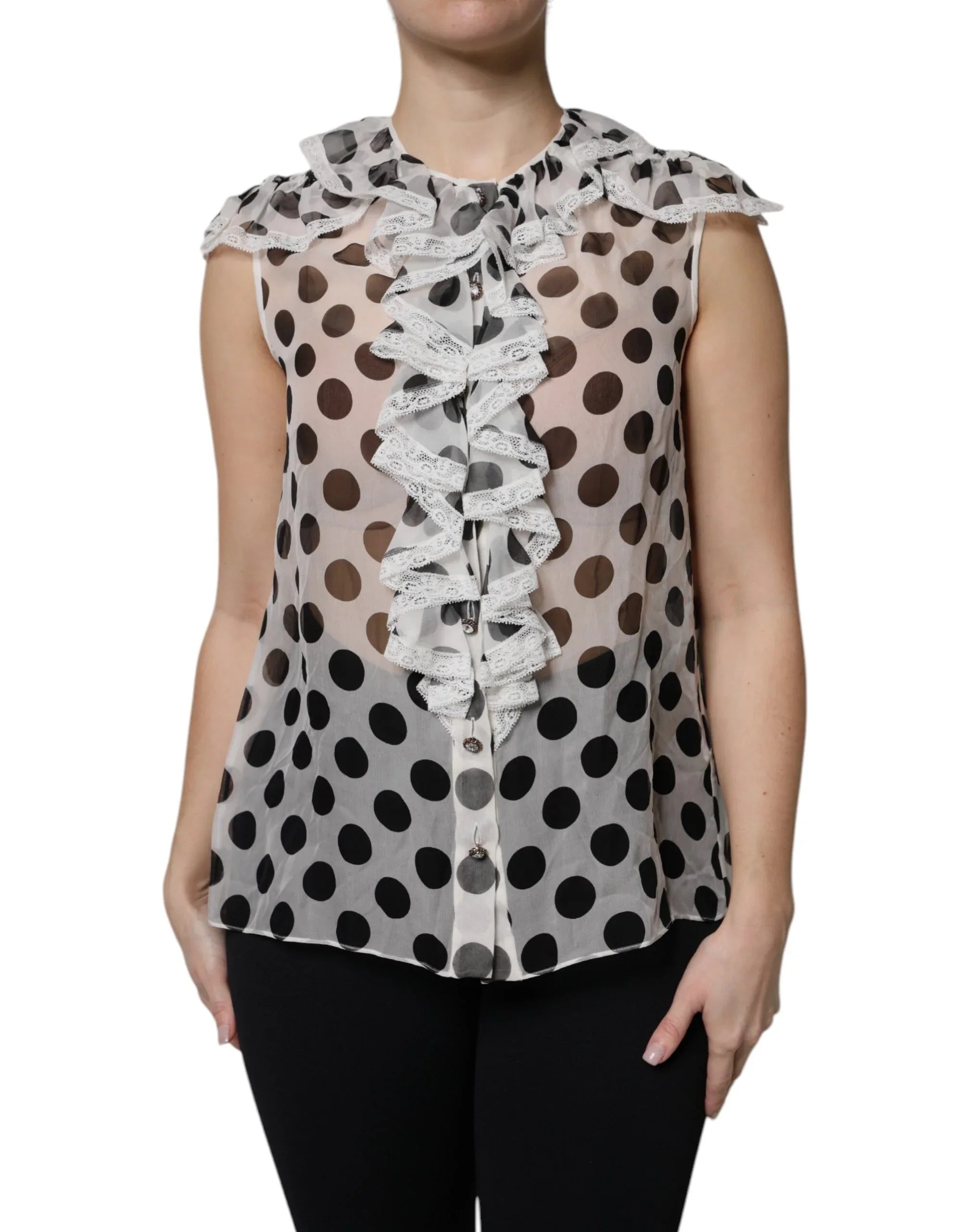 Dolce & Gabbana White Black Polka Dot Cotton Sleeveless Top - Zeiniez