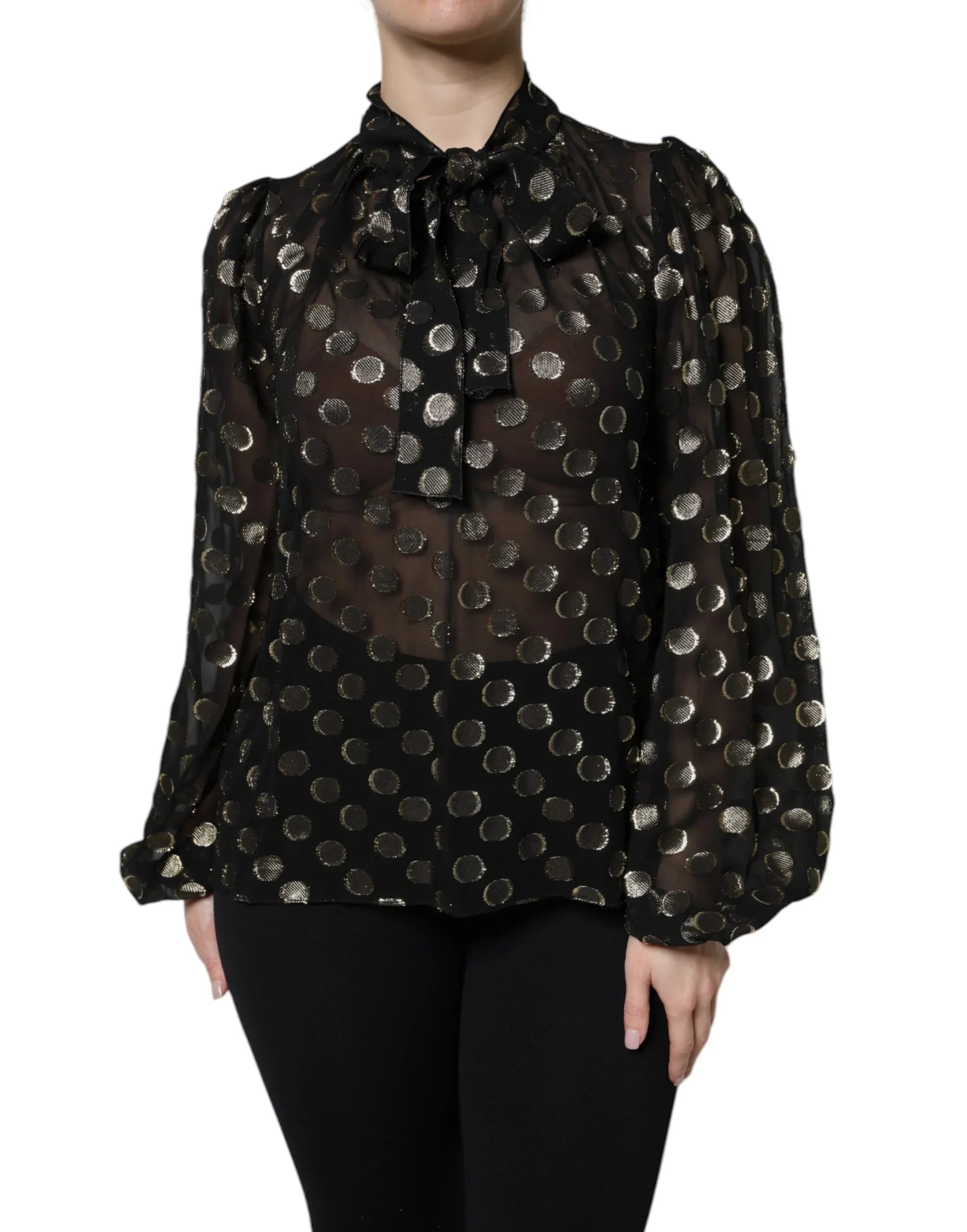 Dolce & Gabbana Black Sheer Tied Neck Polka Dots Blouse Top - Zeiniez