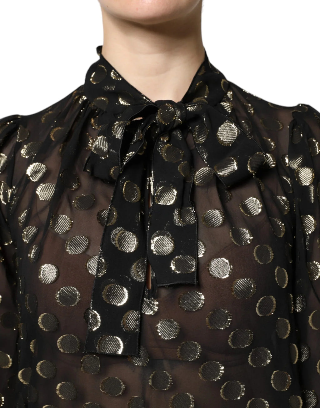 Dolce & Gabbana Black Sheer Tied Neck Polka Dots Blouse Top - Zeiniez