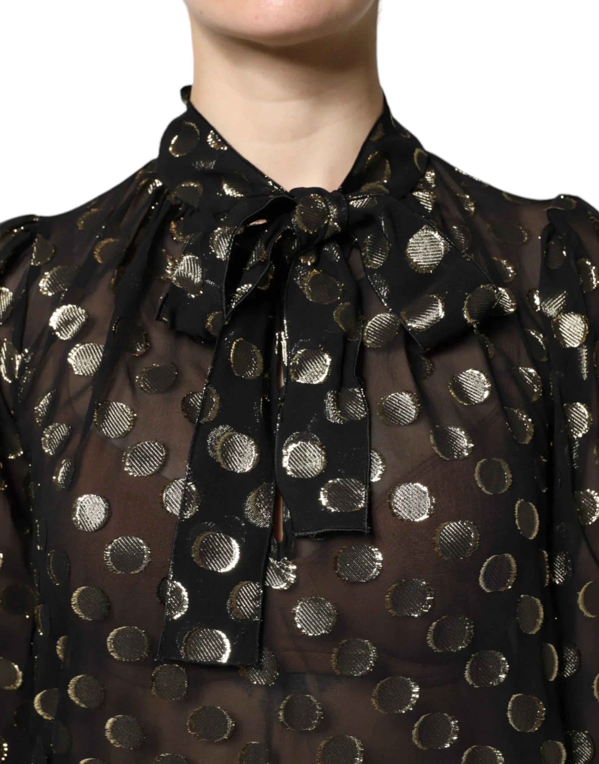 Dolce & Gabbana Black Sheer Tied Neck Polka Dots Blouse Top - Zeiniez