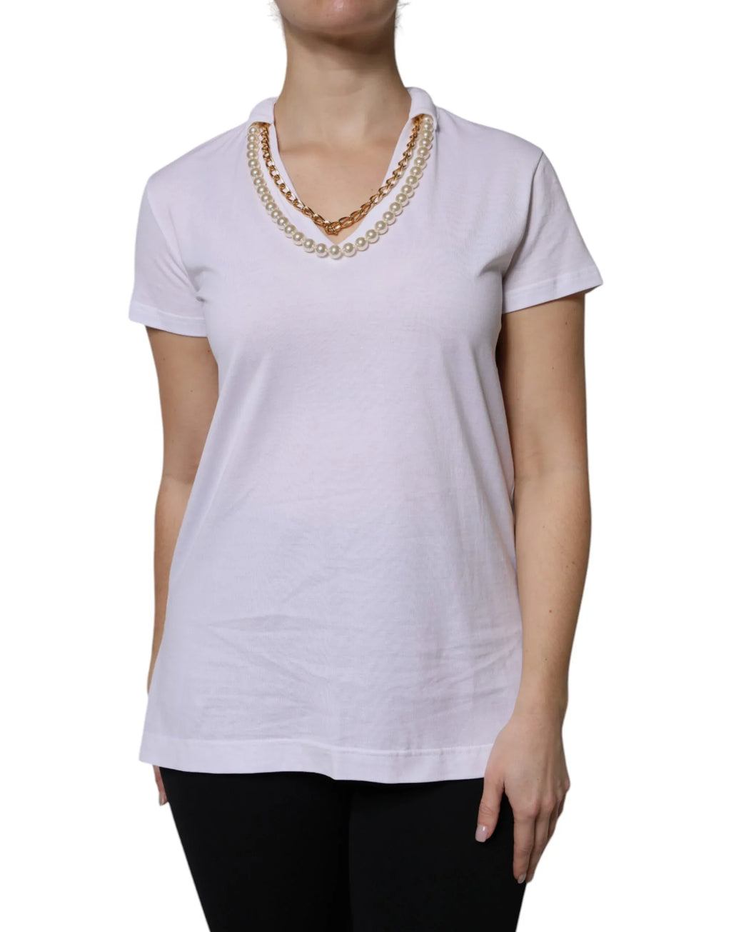 Dolce & Gabbana White Necklace Cotton Short Sleeve T-shirt - Zeiniez