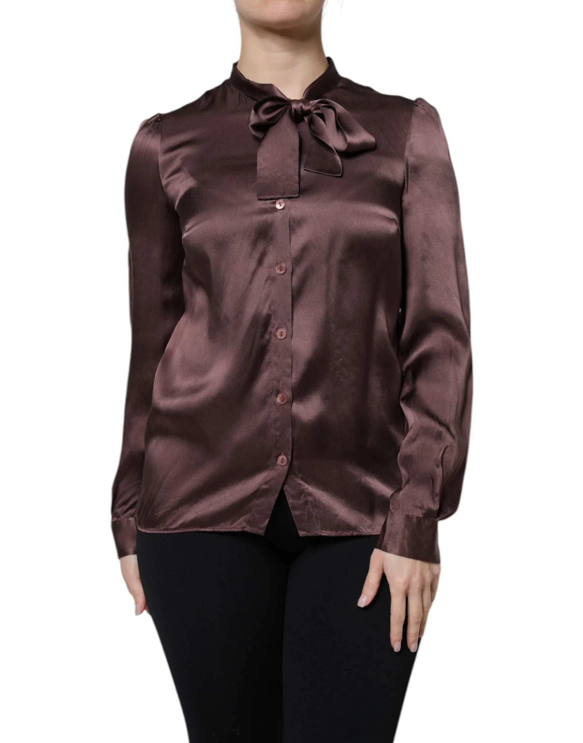 Dolce & Gabbana Brown Ascot Collar Long Sleeve Blouse Top - Zeiniez