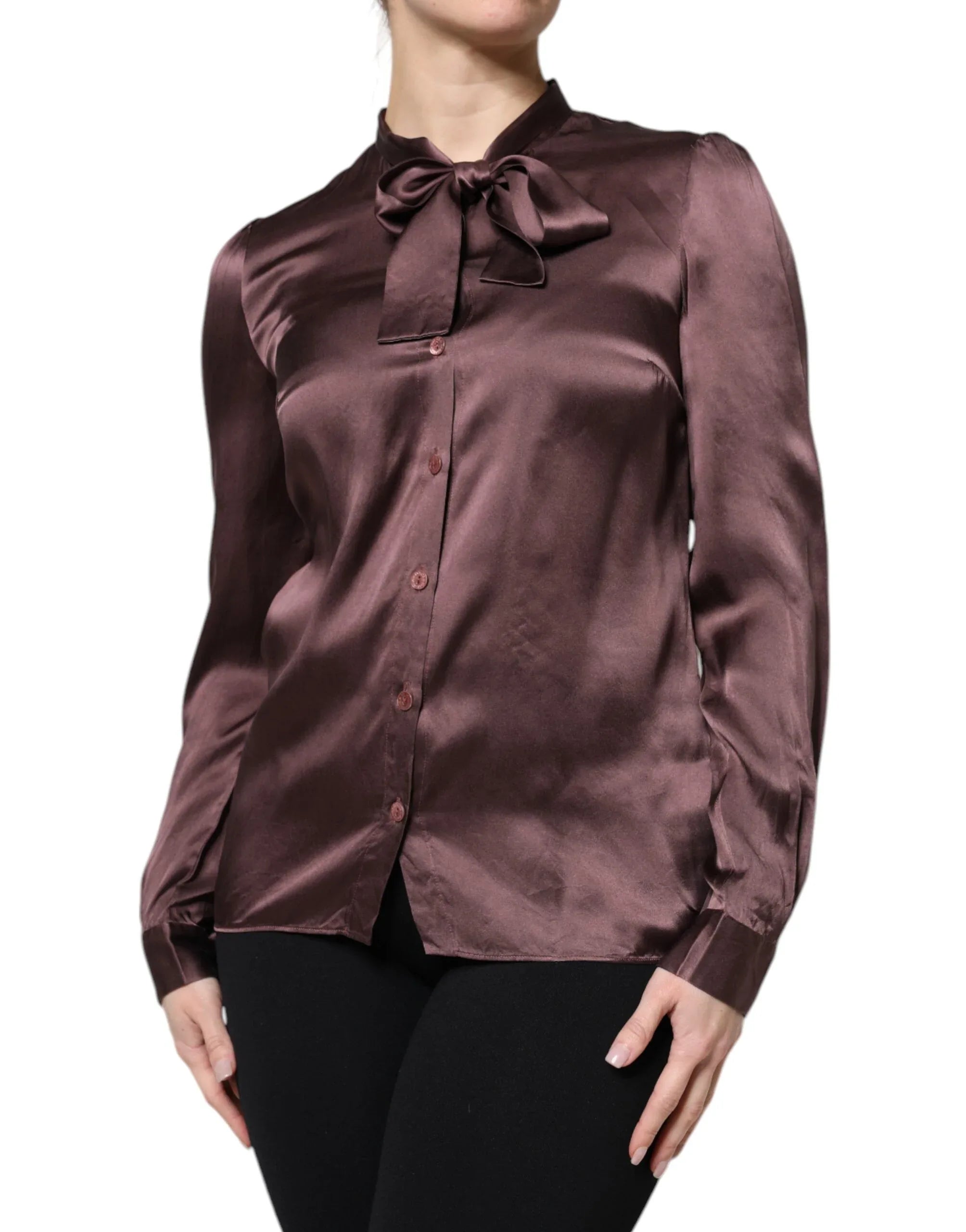 Dolce & Gabbana Brown Ascot Collar Long Sleeve Blouse Top - Zeiniez