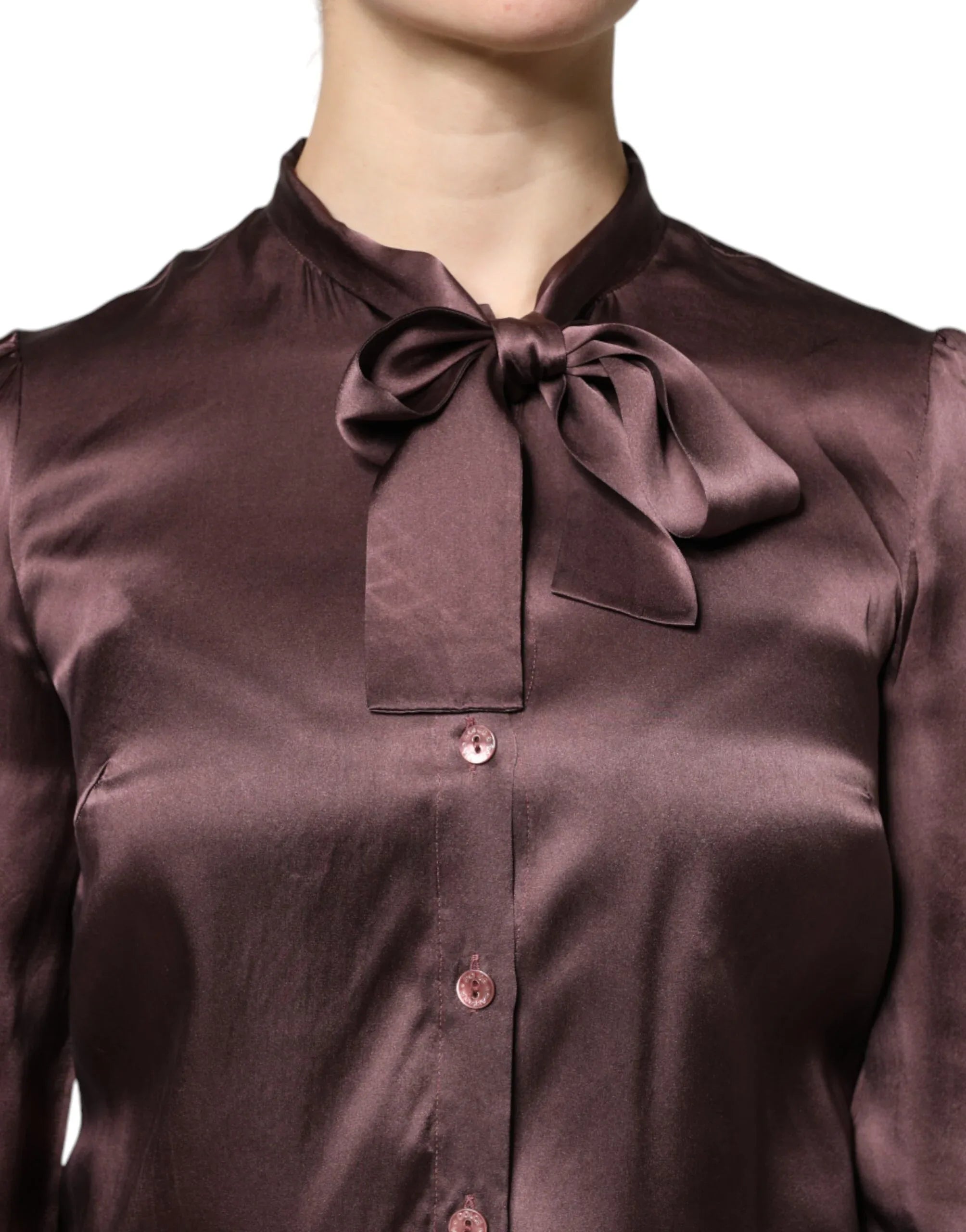 Dolce & Gabbana Brown Ascot Collar Long Sleeve Blouse Top - Zeiniez