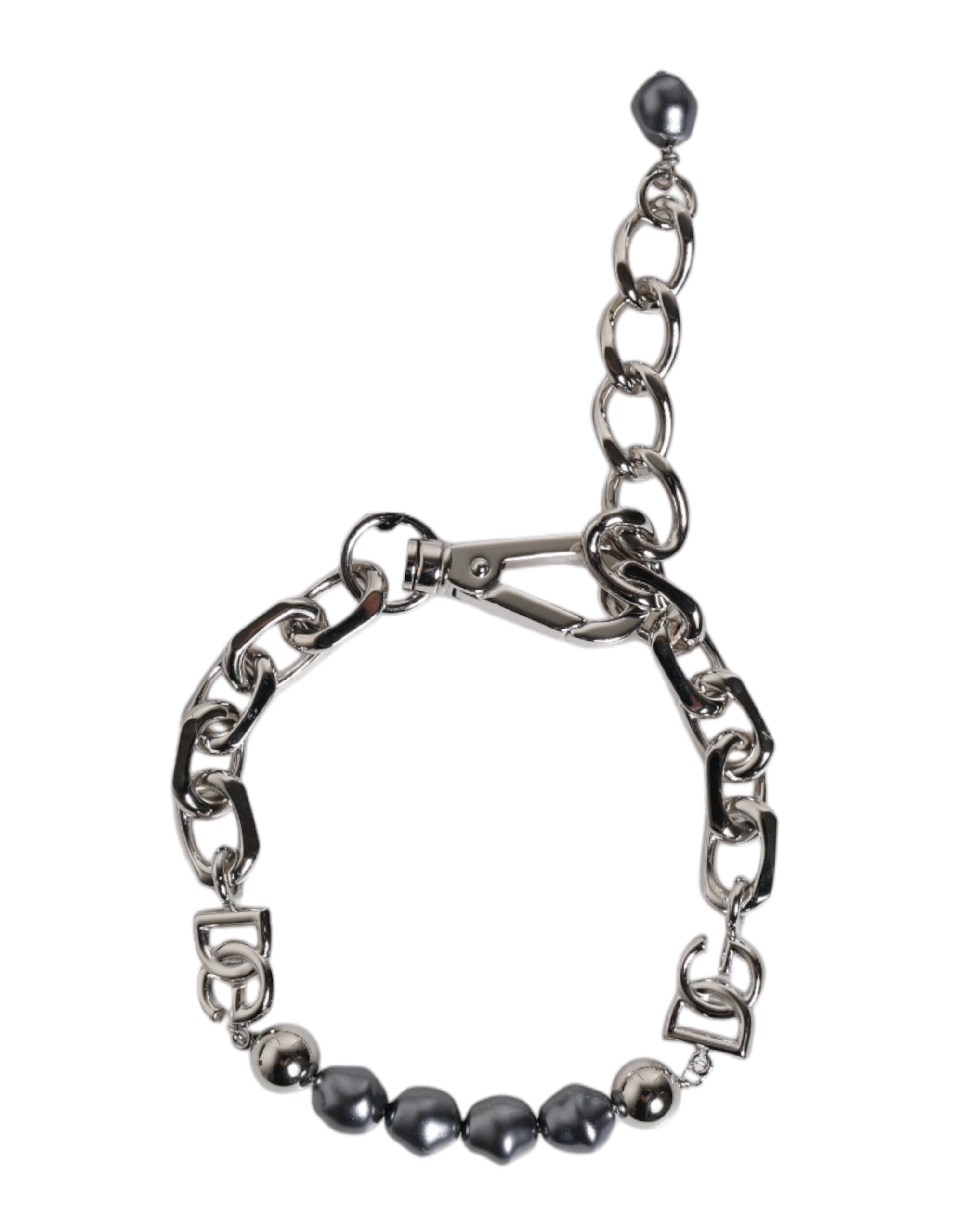 Dolce & Gabbana Silver Tone Chain Lobster Clasp Logo Gray Pearls Bracelet - Zeiniez