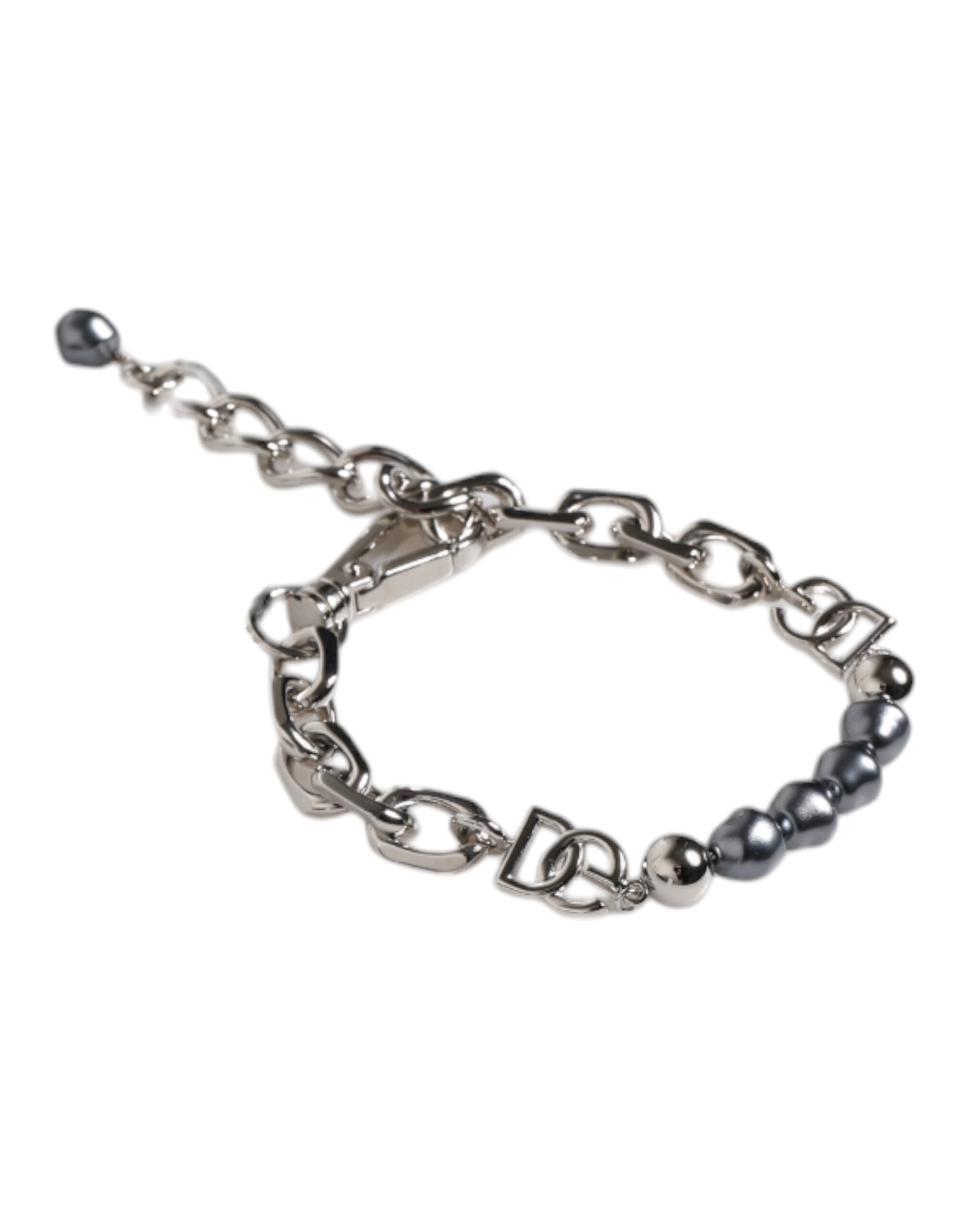 Dolce & Gabbana Silver Tone Chain Lobster Clasp Logo Gray Pearls Bracelet - Zeiniez