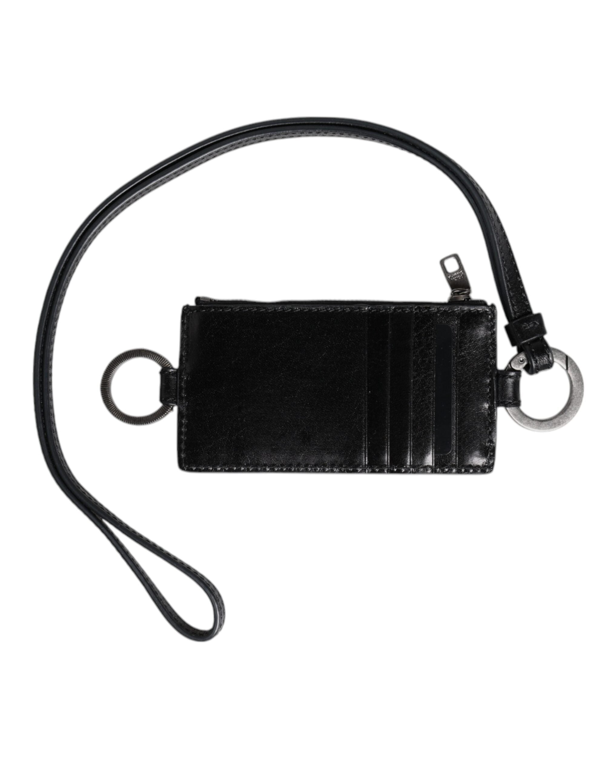 Dolce & Gabbana Black Leather Logo Embossed Lanyard Card Holder Wallet - Zeiniez