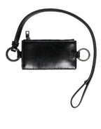 Dolce & Gabbana Black Leather Logo Embossed Lanyard Card Holder Wallet - Zeiniez