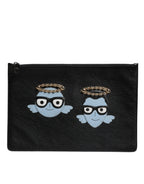Dolce & Gabbana Black Leather #DGFAMILY Embellished Men Zip Pouch Bag - Zeiniez