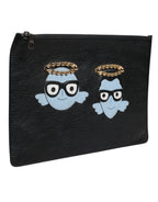 Dolce & Gabbana Black Leather #DGFAMILY Embellished Men Zip Pouch Bag - Zeiniez