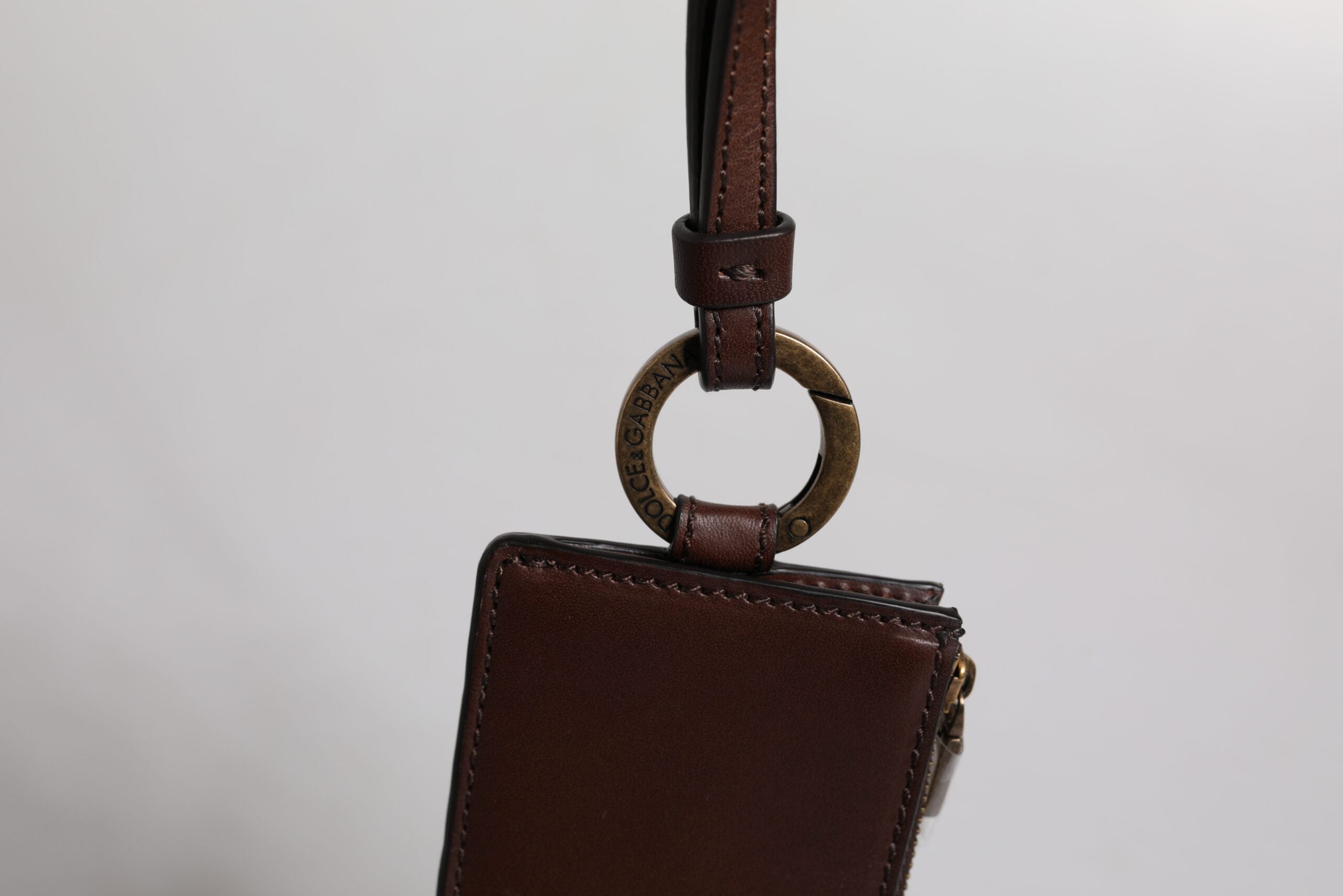Dolce & Gabbana Brown Calf Leather Lanyard Logo Card Holder Wallet - Zeiniez