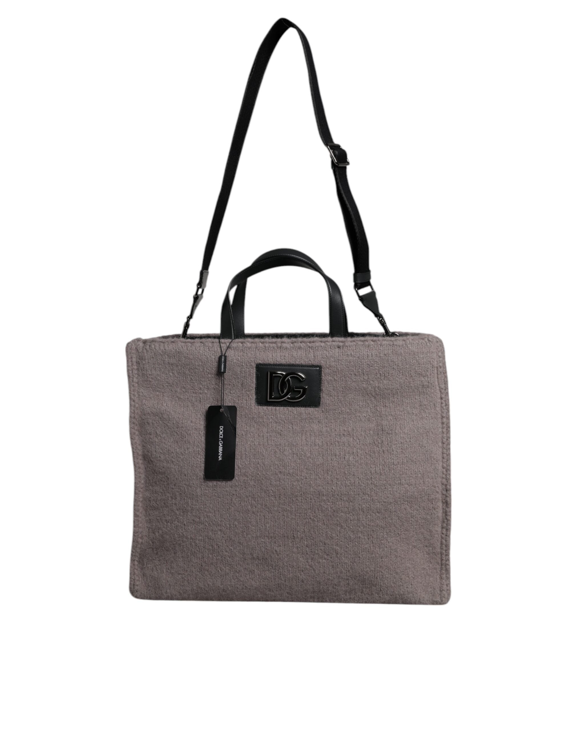 Dolce & Gabbana Grey Alpaca Wool Logo Plaque Tote Shoulder Bag - Zeiniez