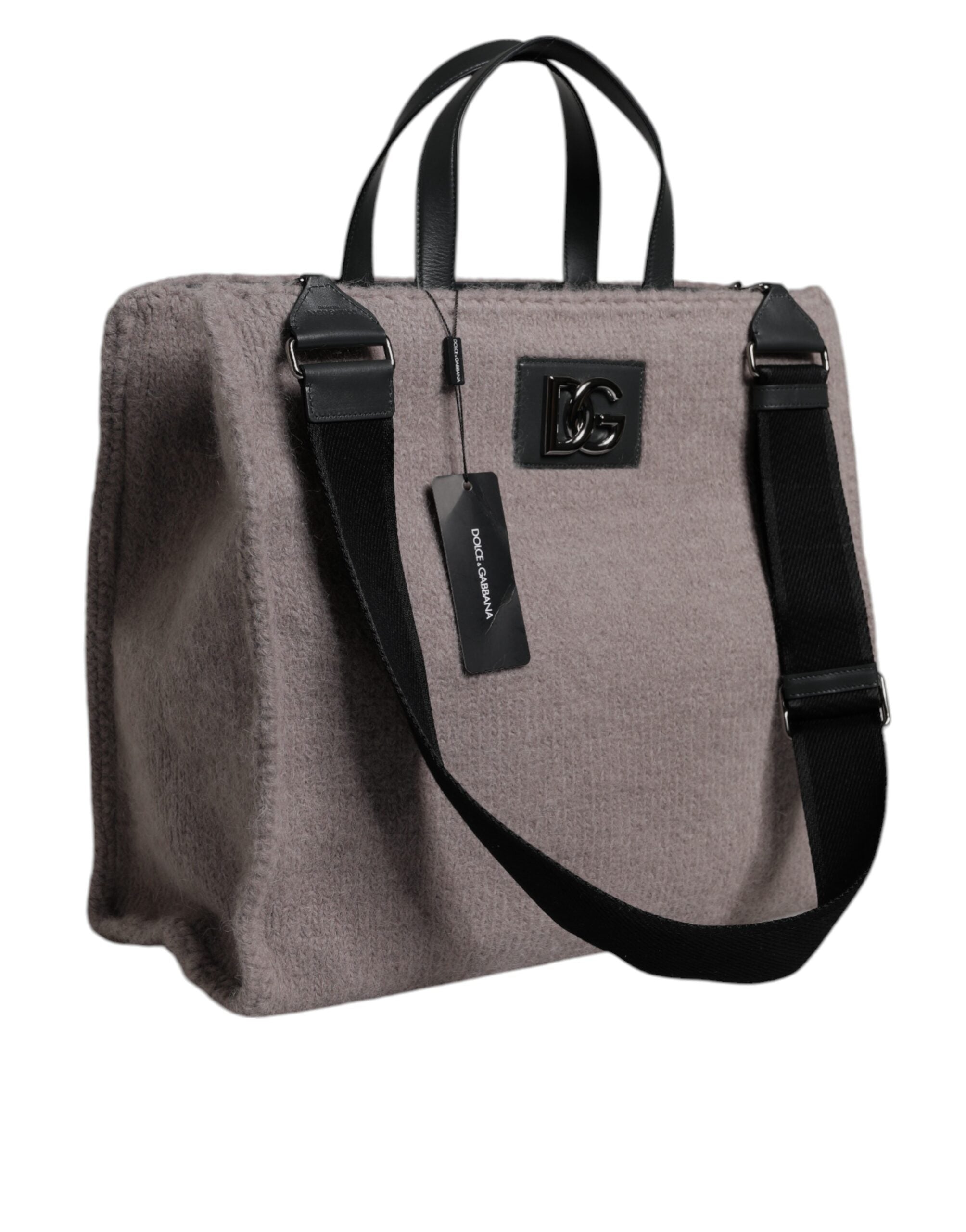 Dolce & Gabbana Grey Alpaca Wool Logo Plaque Tote Shoulder Bag - Zeiniez