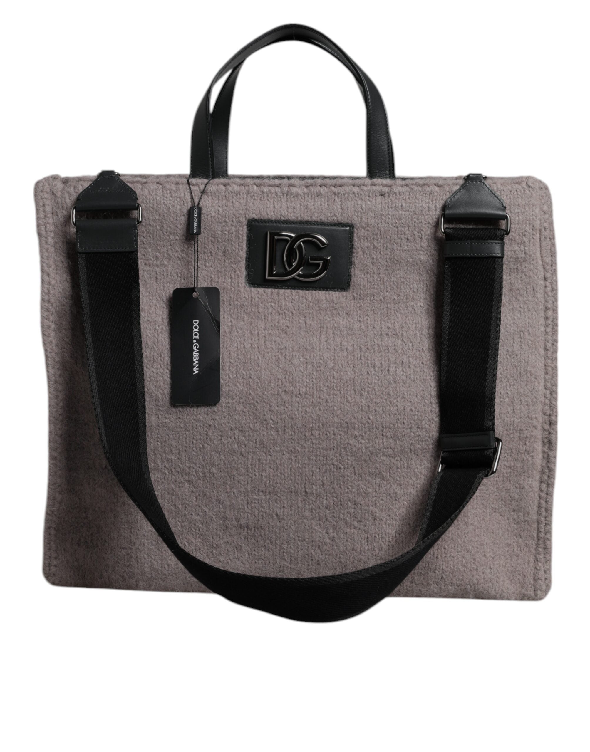 Dolce & Gabbana Grey Alpaca Wool Logo Plaque Tote Shoulder Bag - Zeiniez