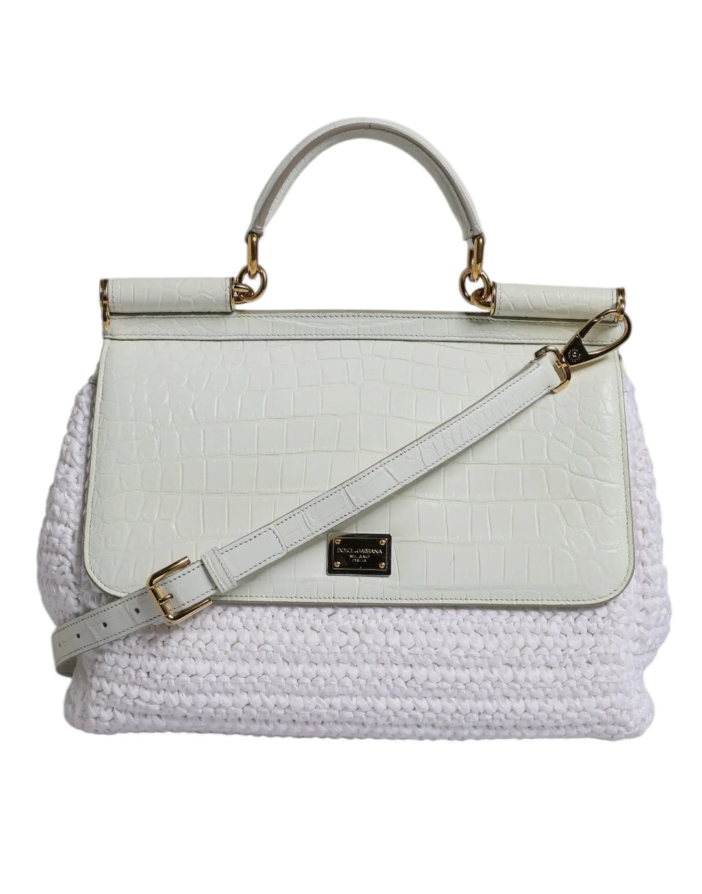 Dolce & Gabbana White Rafia Leather Top Handle Crossbody Bag - Zeiniez