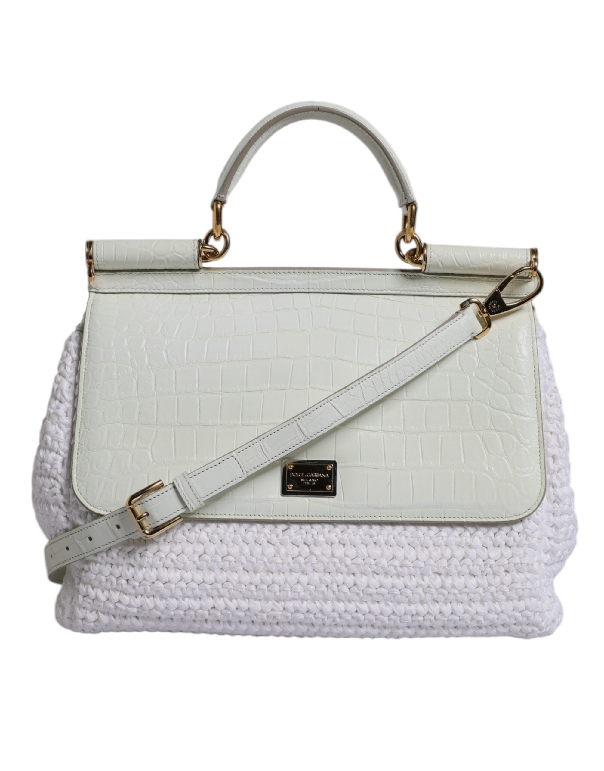 Dolce & Gabbana White Rafia Leather Top Handle Crossbody Bag - Zeiniez