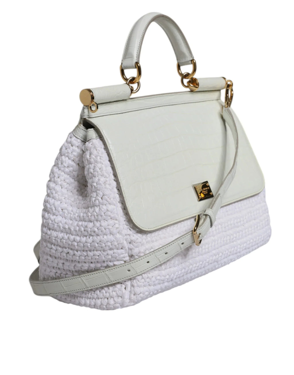 Dolce & Gabbana White Rafia Leather Top Handle Crossbody Bag - Zeiniez