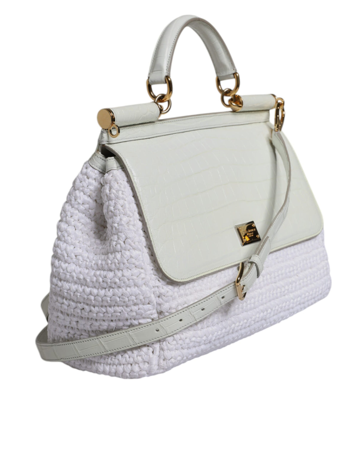 Dolce & Gabbana White Rafia Leather Top Handle Crossbody Bag
