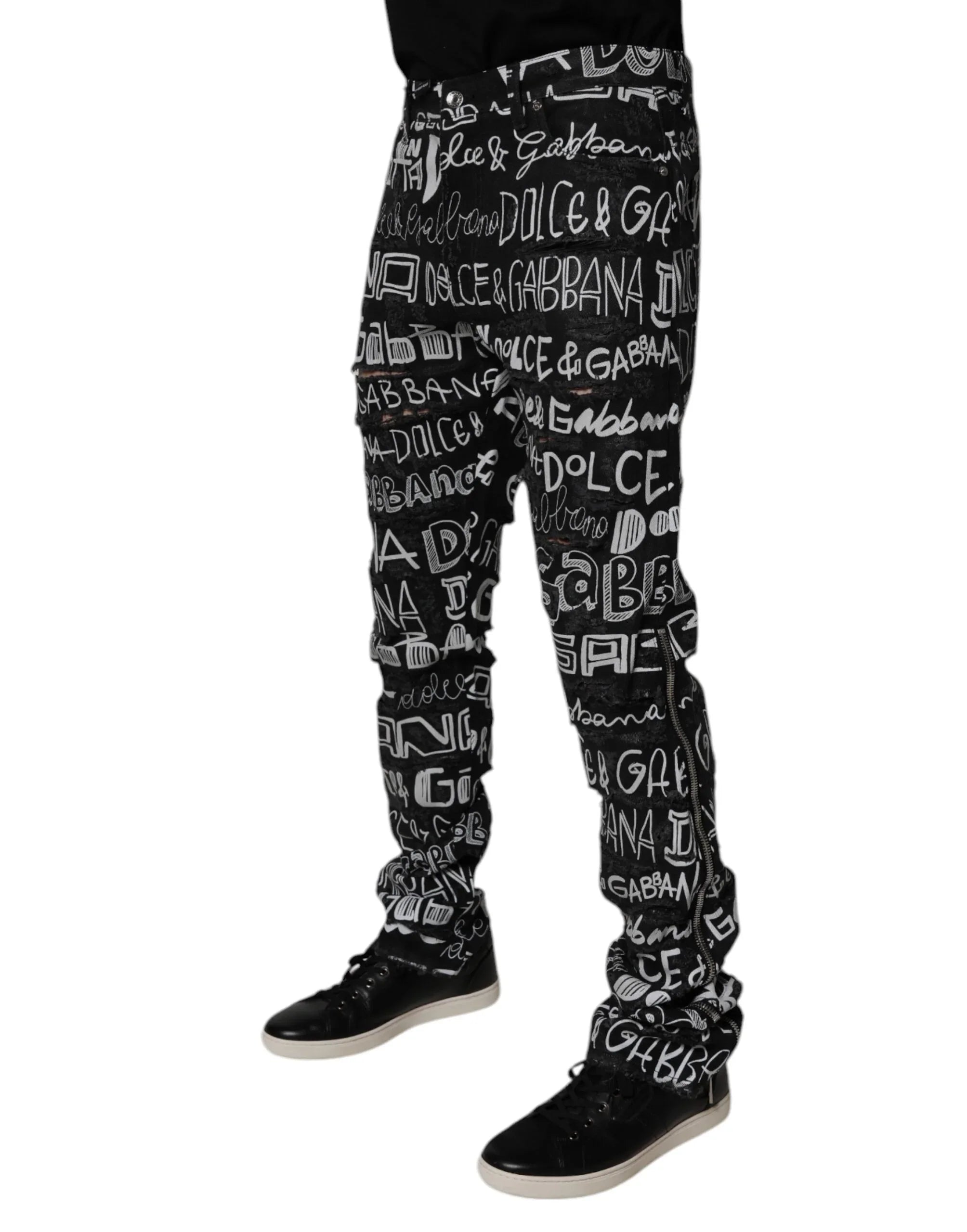 Dolce & Gabbana Black Cotton Logo Print Straight Denim Jeans - Zeiniez