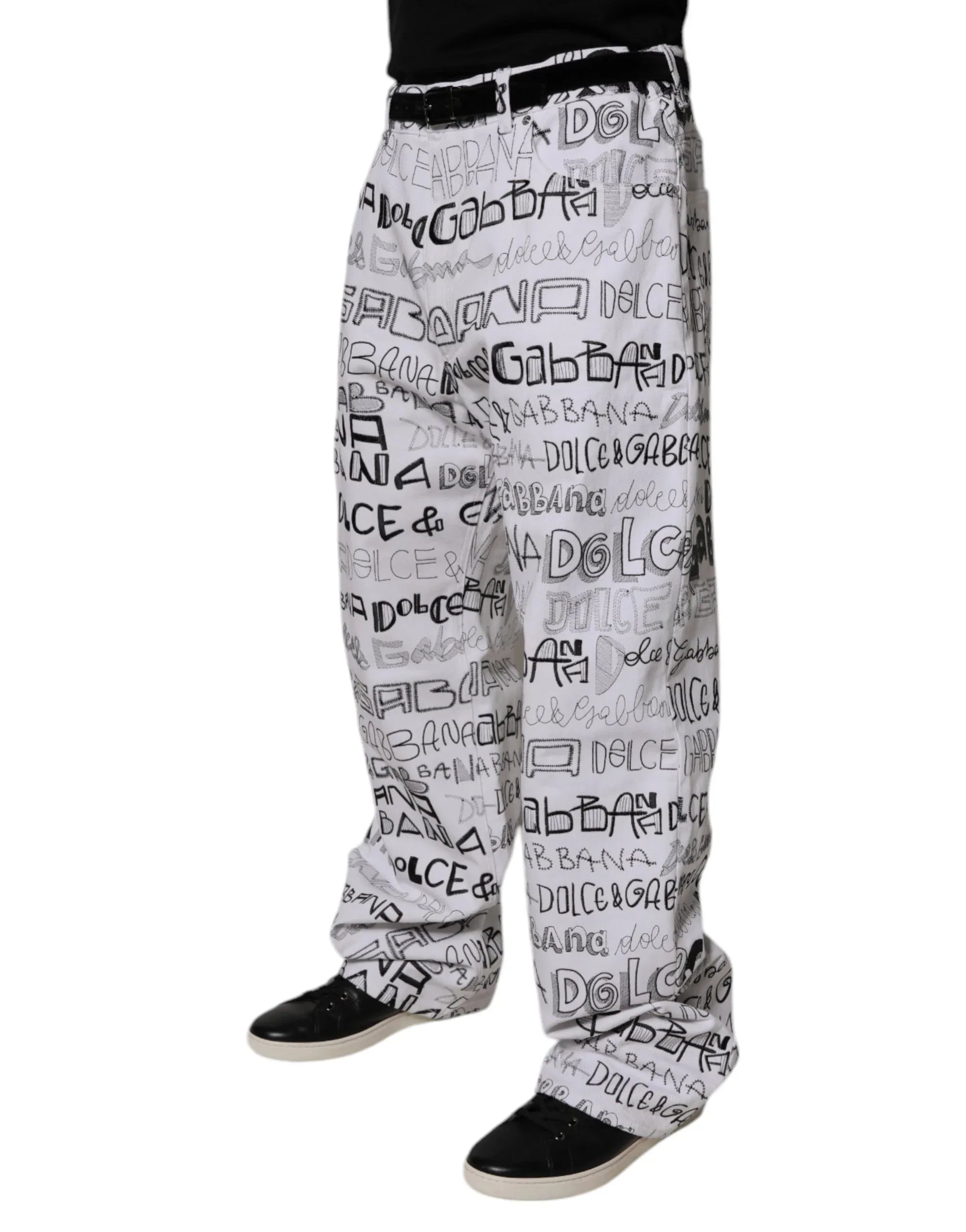 Dolce & Gabbana White Logo Print Straight Men Denim Jeans - Zeiniez