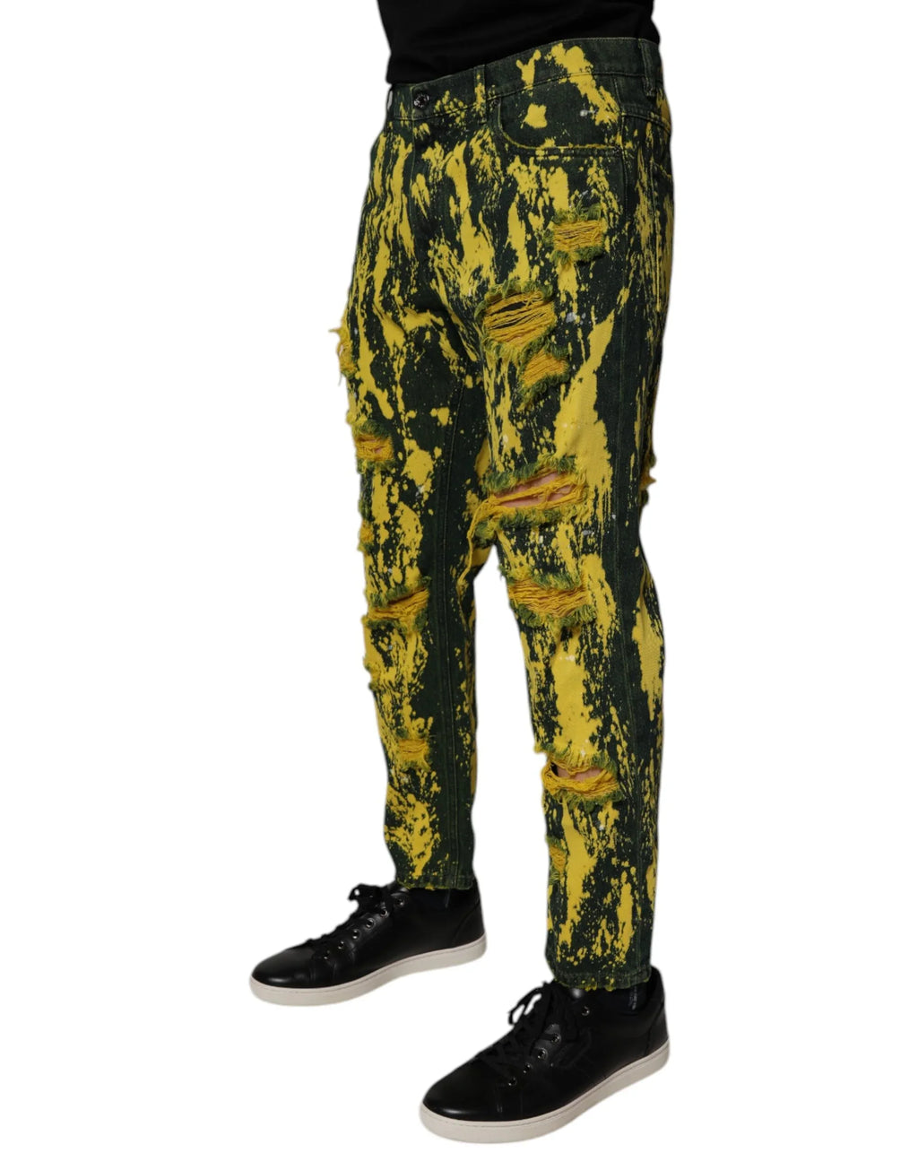 Dolce & Gabbana Black Yellow Tie Dye Tattered Skinny Men Denim Jeans - Zeiniez