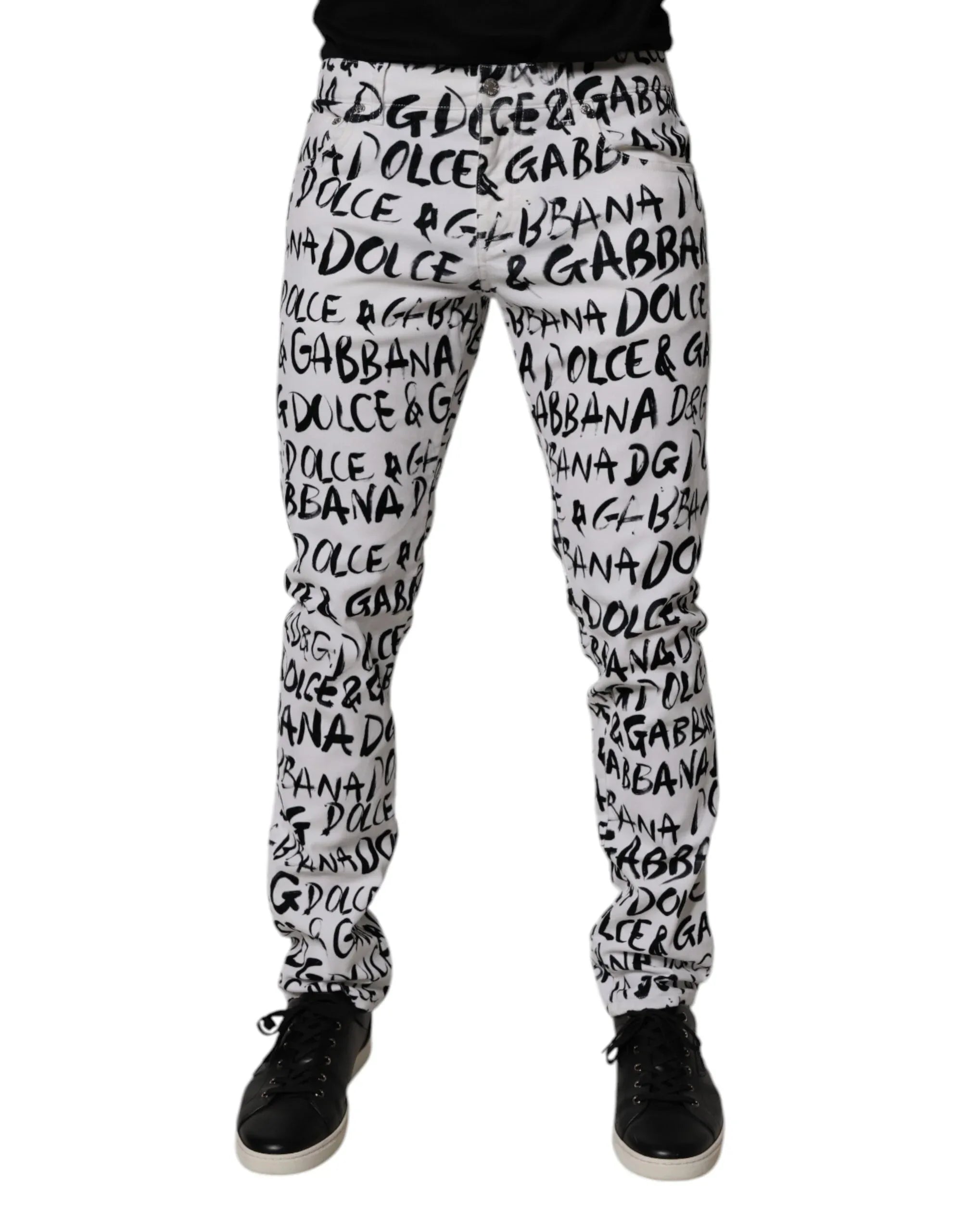 Dolce & Gabbana White Cotton Logo Print Skinny Denim Jeans - Zeiniez