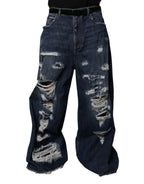 Dolce & Gabbana Dark Blue Tattered Wide Leg Men Denim Jeans - Zeiniez