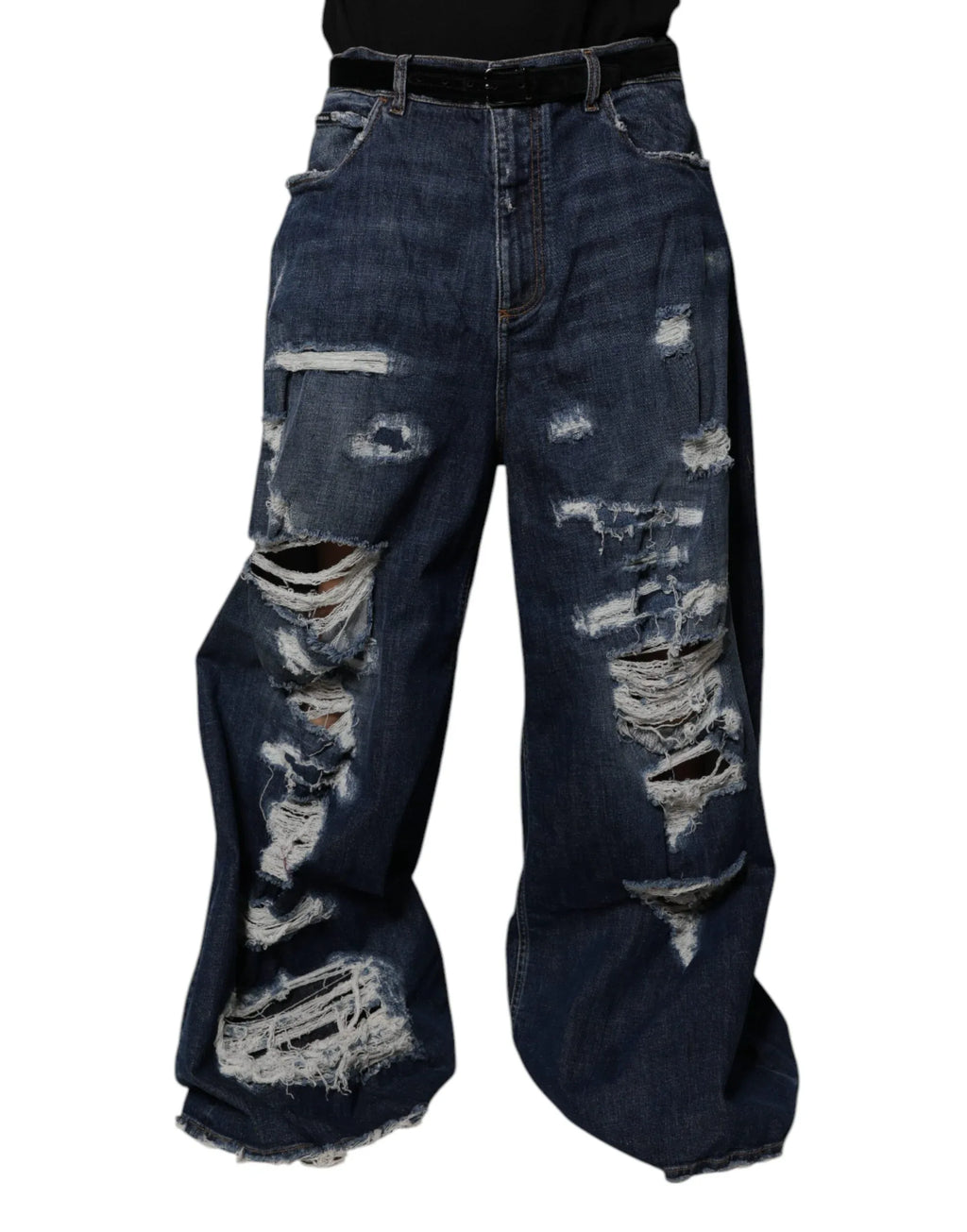 Dolce & Gabbana Dark Blue Tattered Wide Leg Men Denim Jeans - Zeiniez