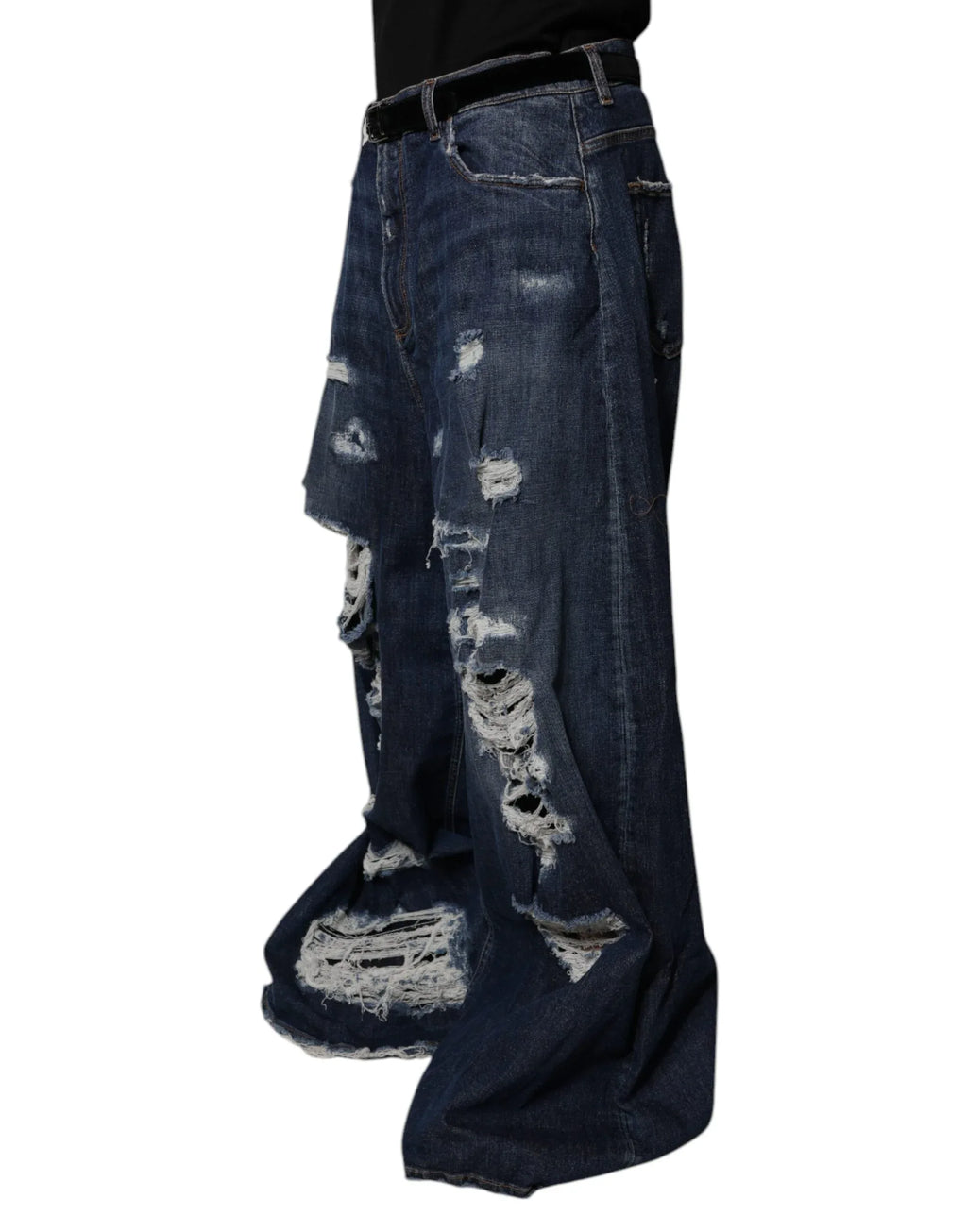 Dolce & Gabbana Dark Blue Tattered Wide Leg Men Denim Jeans - Zeiniez
