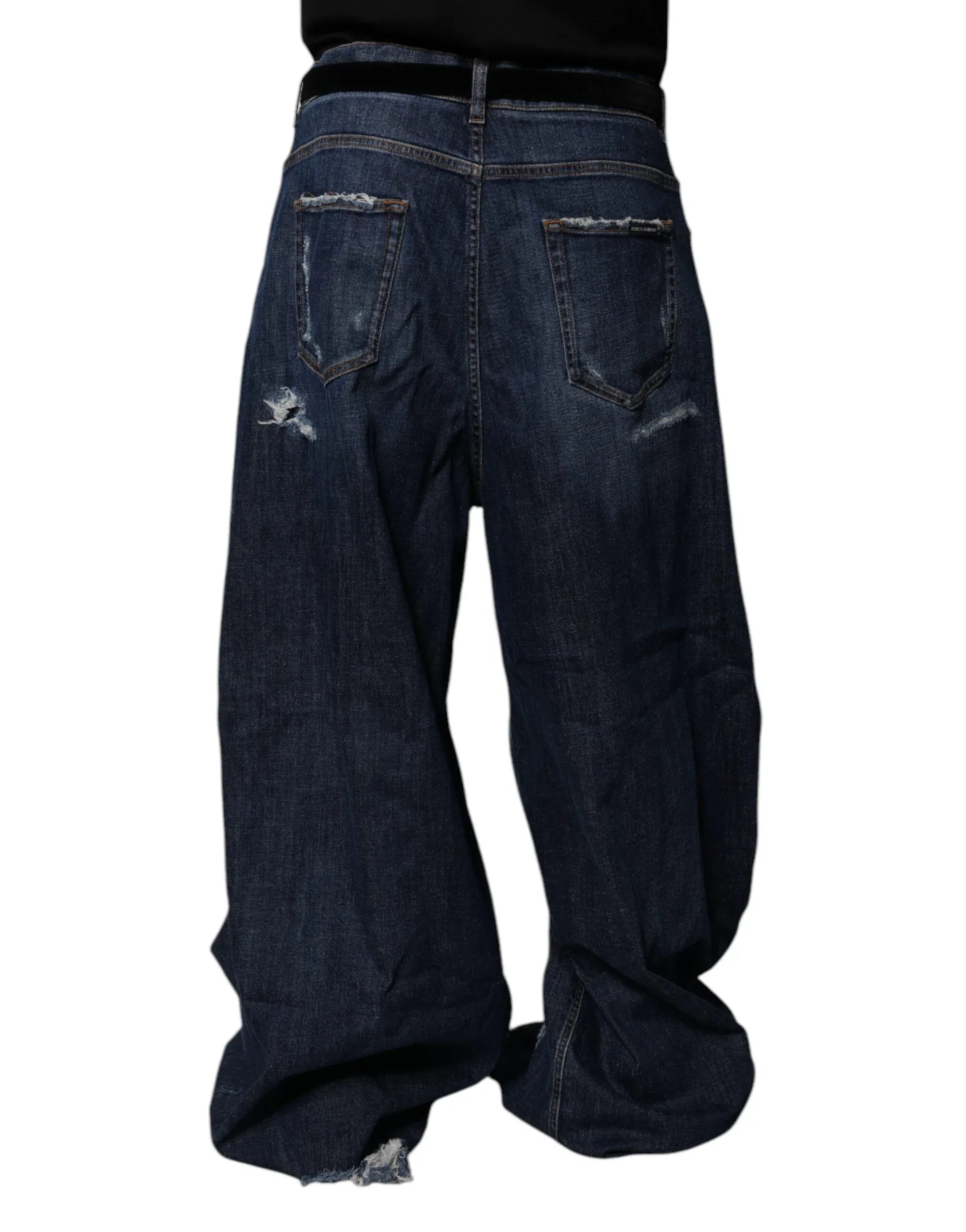 Dolce & Gabbana Dark Blue Tattered Wide Leg Men Denim Jeans - Zeiniez